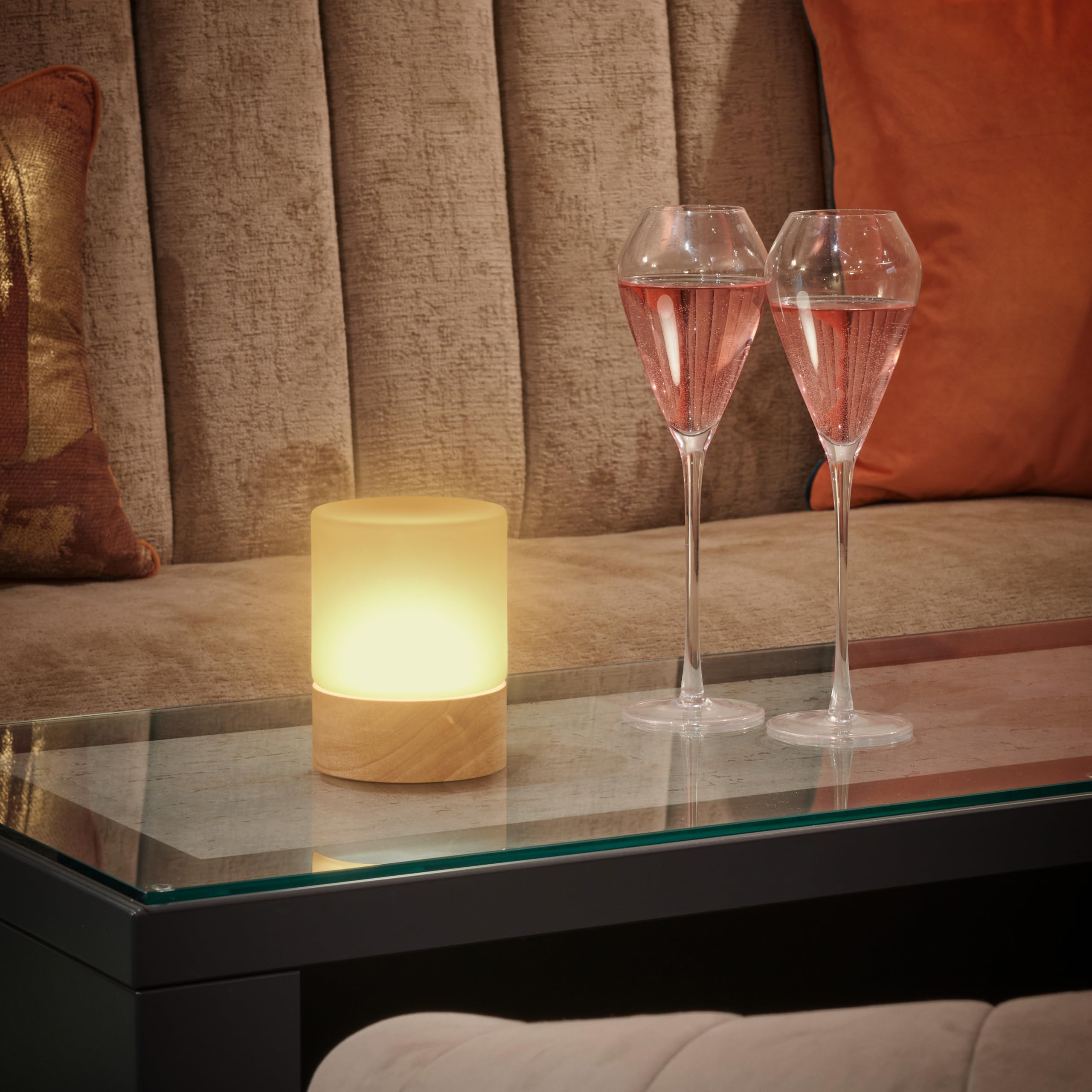Omniance Elara Lámparas de Mesa Inalámbricas Pack de 2, 4 Fuentes de Luz | Recargable regulable cambio de color, diseño madera y cristal mate, USB-C, temporizador, para restaurante y hotel