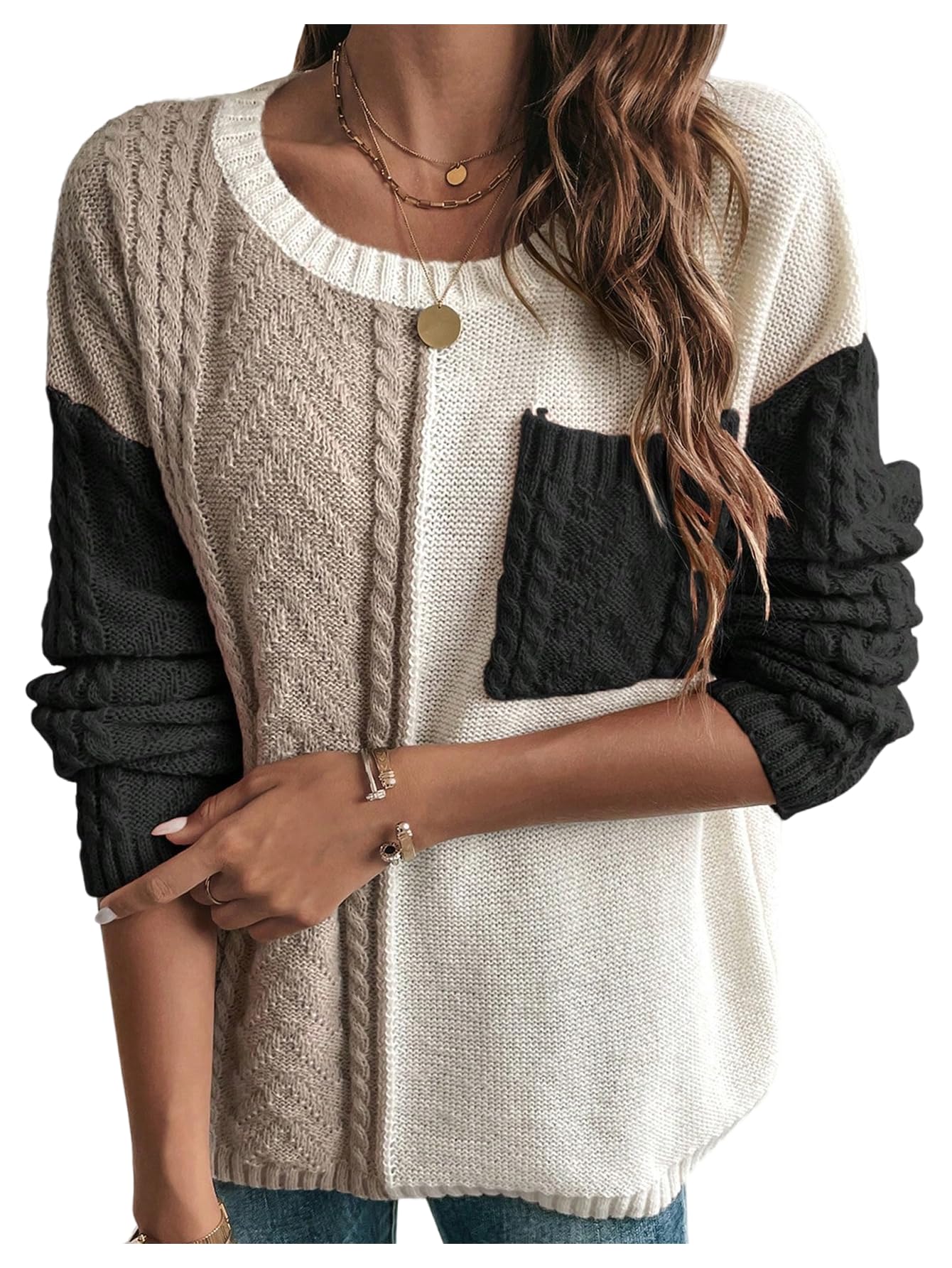 Milumia Womens Color Block Knit Sweater Crew Neck Drop Shoulder Long Sleeve Pullover Knit Tops