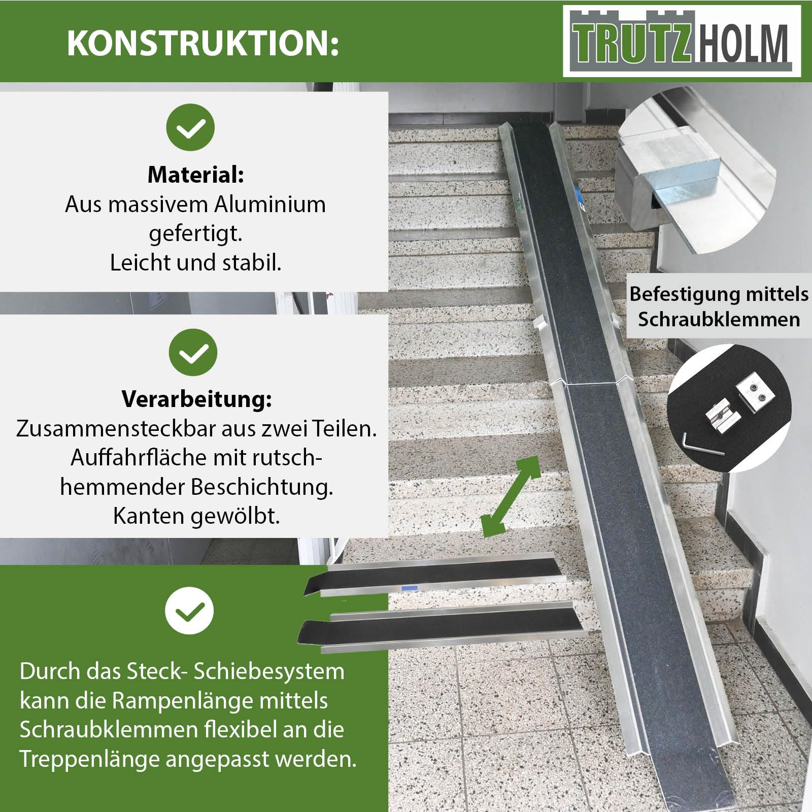 TRUTZHOLM Auffahrampe Aluminium zusammensteckbar 150-270 cm verstellbar 50 kg Treppenrampe Auffahrschiene für E-Bike Mofa Fahrrad mit Friktionsbeschichtung schwarz/grau