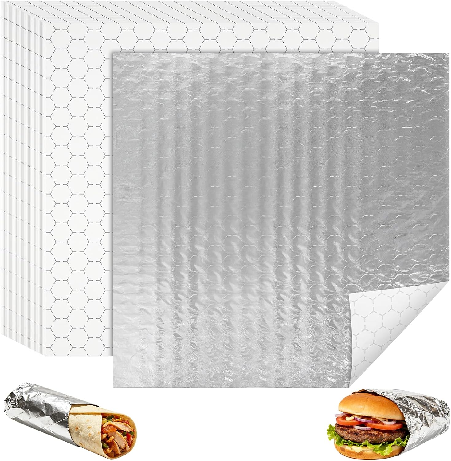 EcoDispose 500 Value Pack 12"x12" Insulated Sandwich Wrappers, Honeycomb Laminated Aluminum Foil Paper Sheets for Burger, Burrito, Hot Dog - Heat Retention for Food Freshness