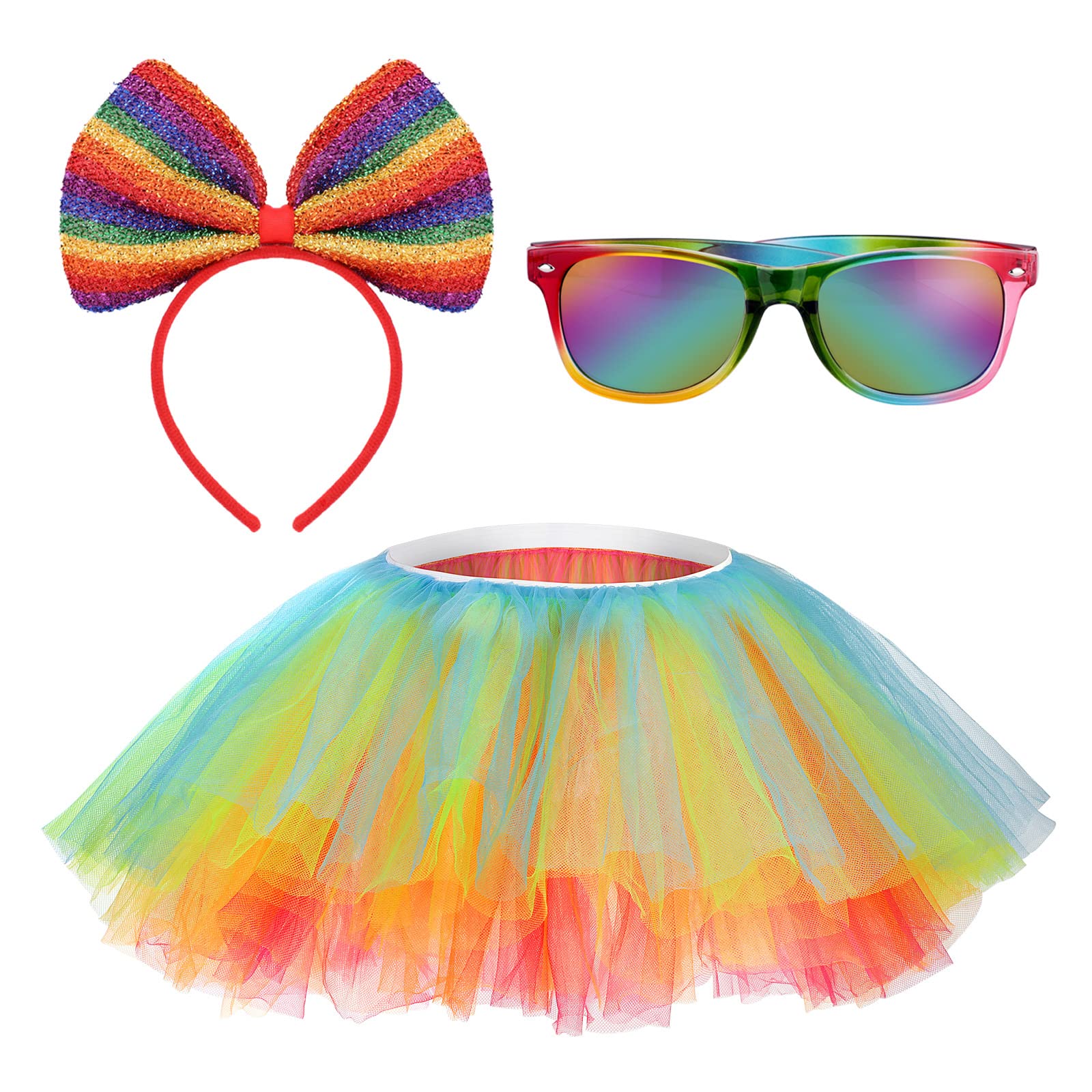 MUCKLILY 80er Jahre Neon-Partyoutfit Für Damen: 3x Tutu-Rock + Regenbogen-Handschuhe + Zubehör Für Mottopartys – Bunt, Fluffig, Perfekt Für Disco & Karneval