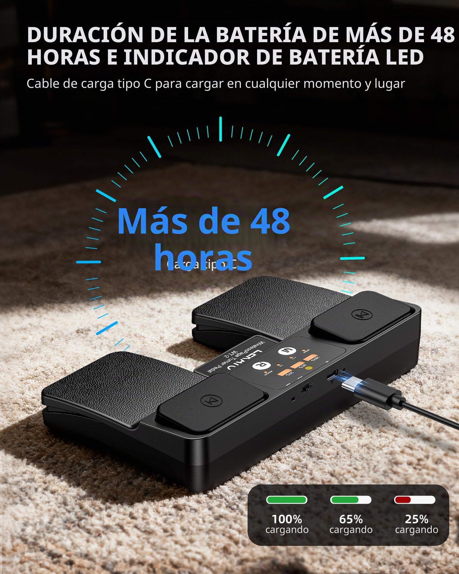 LEKATO Pedal inalámbrico Bluetooth para Pasar páginas, con Control de Pistas, indicador de batería y Pedal Recargable, Apto para partituras en móvil, Tableta y Directo