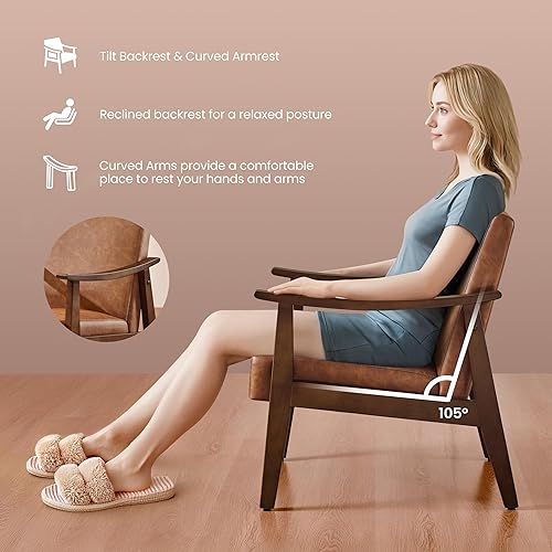 Miniatura 6 de Yaheetech PU Leather Accent Chair, Mid-Century Modern Armchair with Solid Wood Legs, Reading Leisure Chair with High Back for Living Room Bedroom