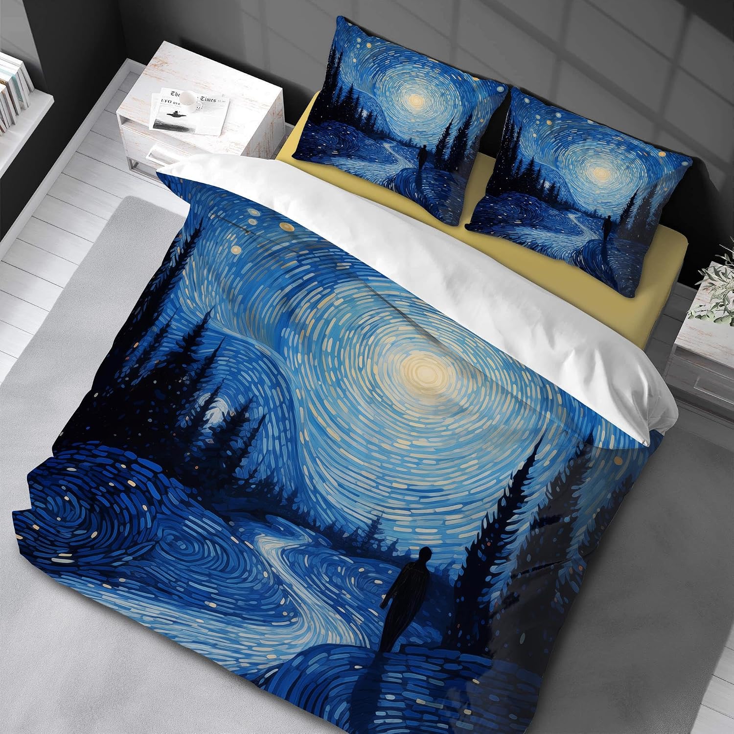 Duvet Cover Sky Starry Night Painting Bedding Set Polyester Landscape Comforter Cover Kids Adult Bedroom Decor 220x230cm/50x75cmx2