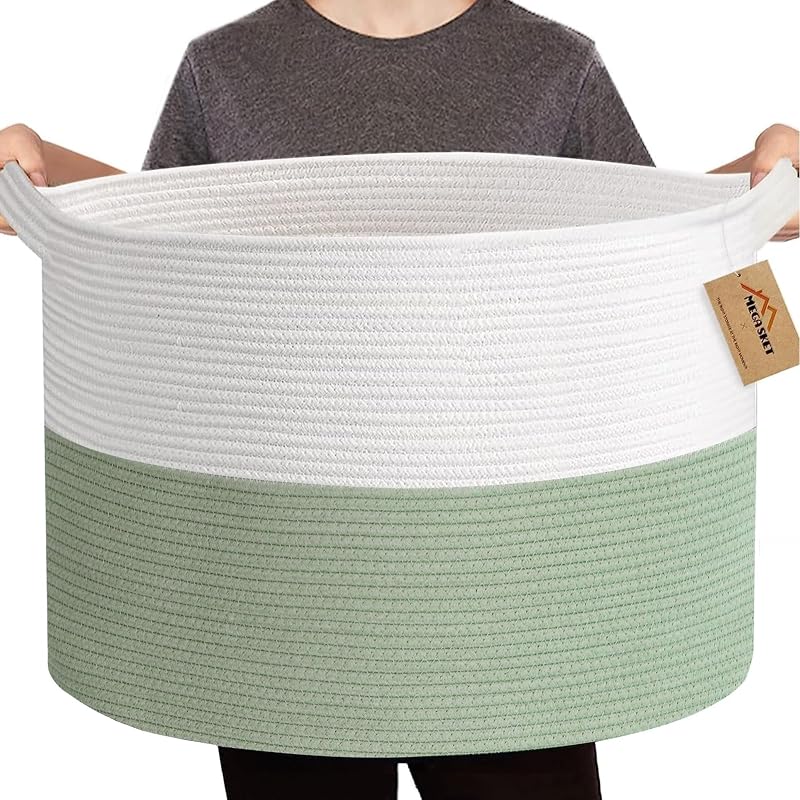 MEGASKET Cesta de manta extra grande, 22.0 x 22.0 x 14.0 in, caja de almacenamiento de juguetes para perros para niños, organizador de juguetes para bebés y niños pequeños, cubo tejido de cuerda de algodón suave, cesta grande para mantas para sala de estar, verde