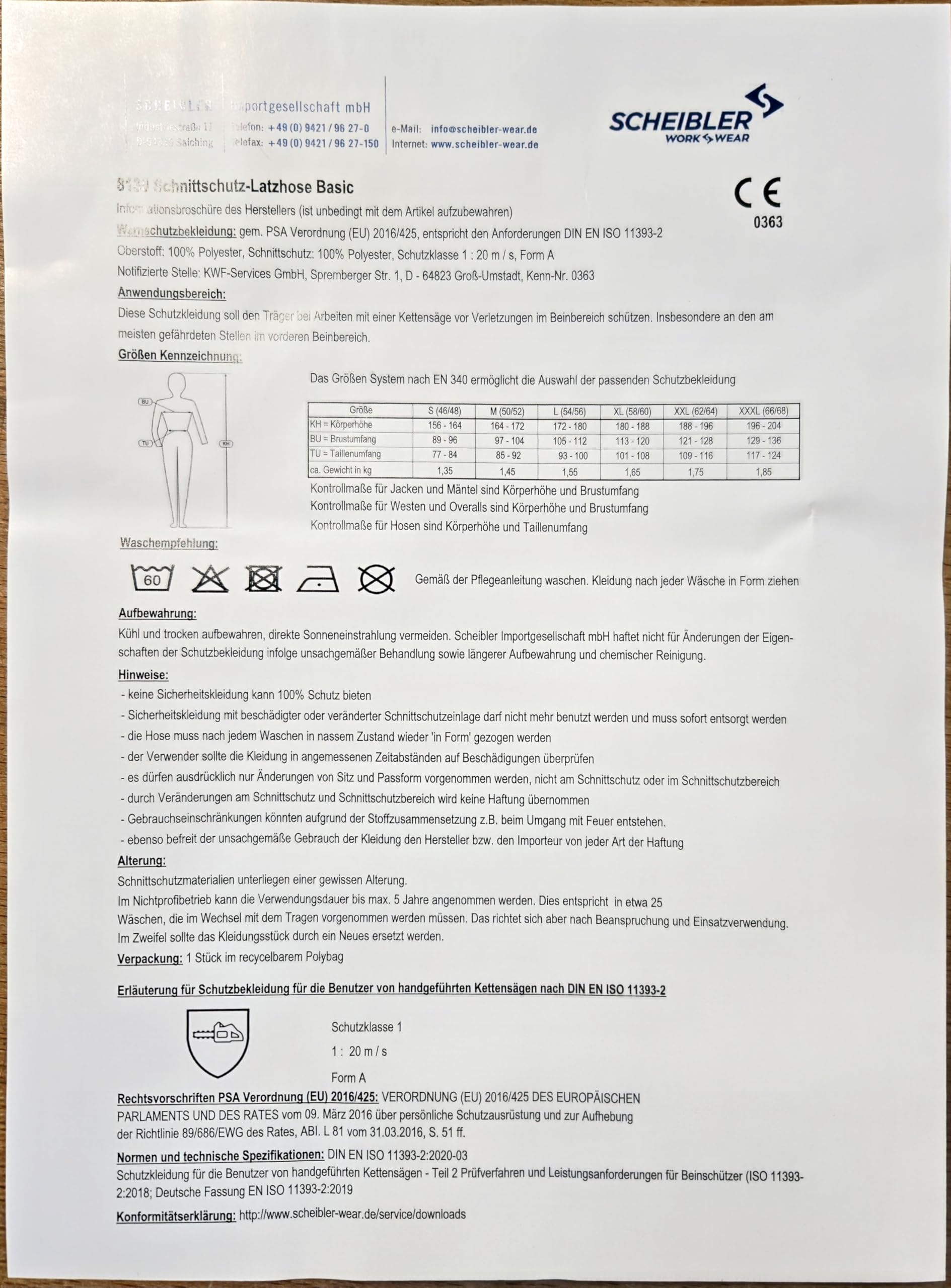 SWS Forst Schnittschutz-Latzhose (Größe 46-60) – Schutzklasse 1 Form A – Verstellbare Hosenträger – Schnittschutzhose mit Warnkeilen – 100 % Polyester – grün/Leuchtorange