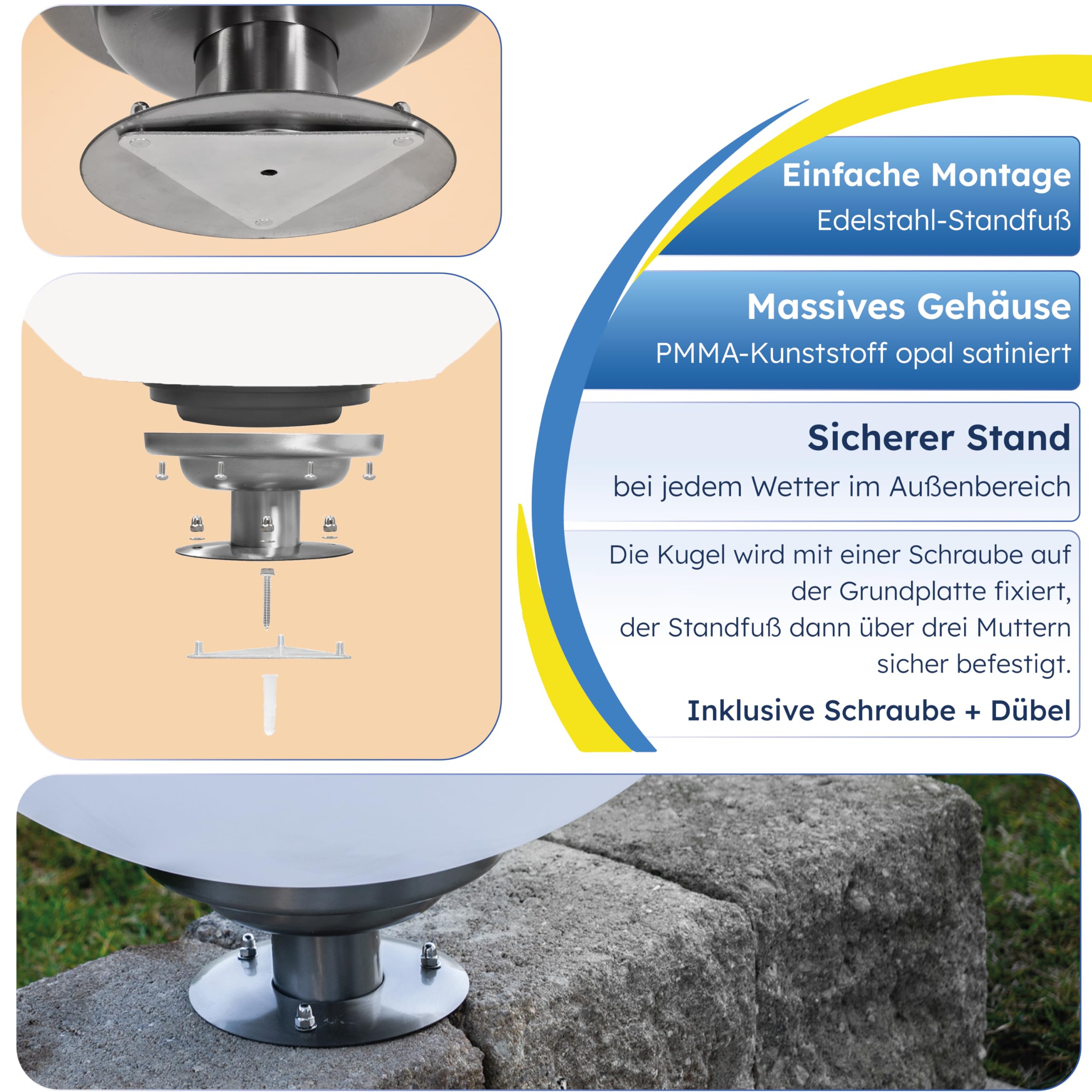 Esotec Solar Leuchtkugel Liana 40 CCT, Multicolor, Fernbedienung, Edelstahl Standfuß, Li-Ion Akku, RGB LED Gartenkugel, Solarkugel, IP44, wetterfest, Winterfest, außen, D=40cm, 102664