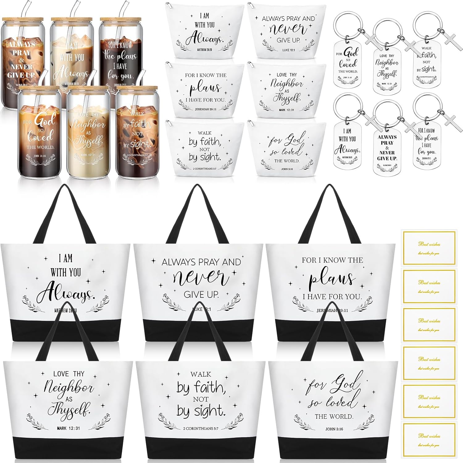 Abbylike 6 Sets/30 Pcs Christian Gifts for Women Religious Gifts Bulk 16oz Glass Cup Canvas Bag Cosmetic Bag Keychain Greeting Card for Bible Study Group Church Pastor Coworker Easter Mother Day