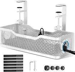 Bandeja de gerenciamento de cabos sob a mesa, caixa de gerenciamento de cabos sem broca com braçadeira para organização de fios, organizador de cabos para escritório, casa - sem danos à mesa (branco)