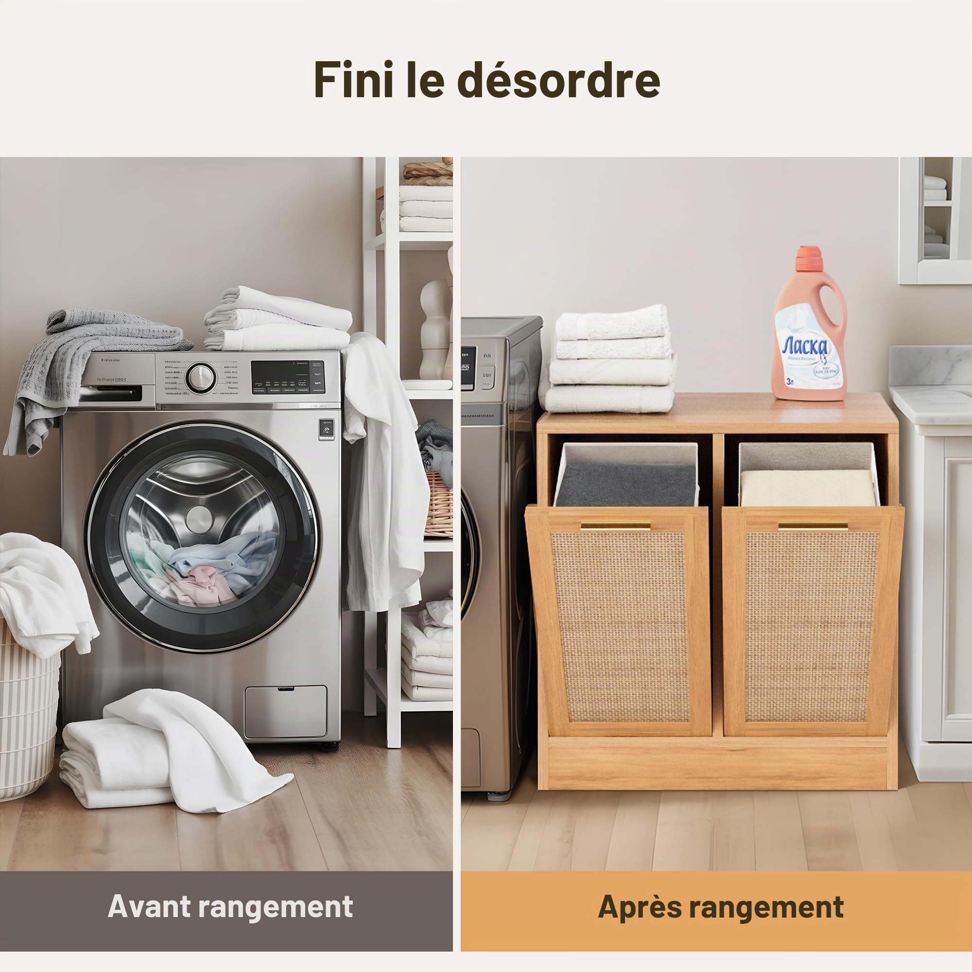 Armoire de salle de bain avec paniers à linge, panier à linge inclinable, armoire de rangement de salle de bain avec design en rotin véritable, 2 paniers à linge amovibles avec poignées, 66 x