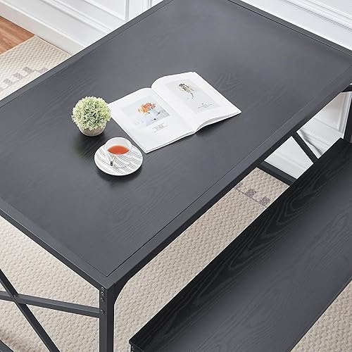 Miniatura 2 de VECELO Juego de mesa de comedor de 55 pulgadas para 4-6, cena rectangular con 2 bancos, para cocinasala de estar, espacio pequeño, 55 pulgadas,