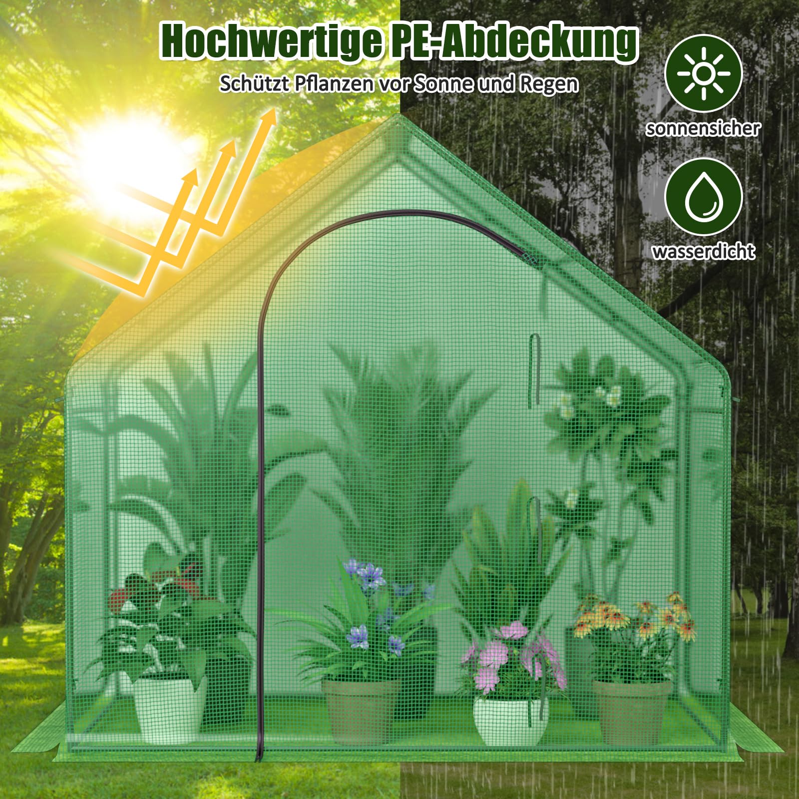 RELAX4LIFE Gewächshaus, Foliengewächshaus Winterfest mit PE-Abdeckung und Fenster, Überwinterungszelt für Pflanzen, Tomatengewächshaus für Pflanzen, Gemüse, Blumen, 179 x 100 x 167 cm, Grün