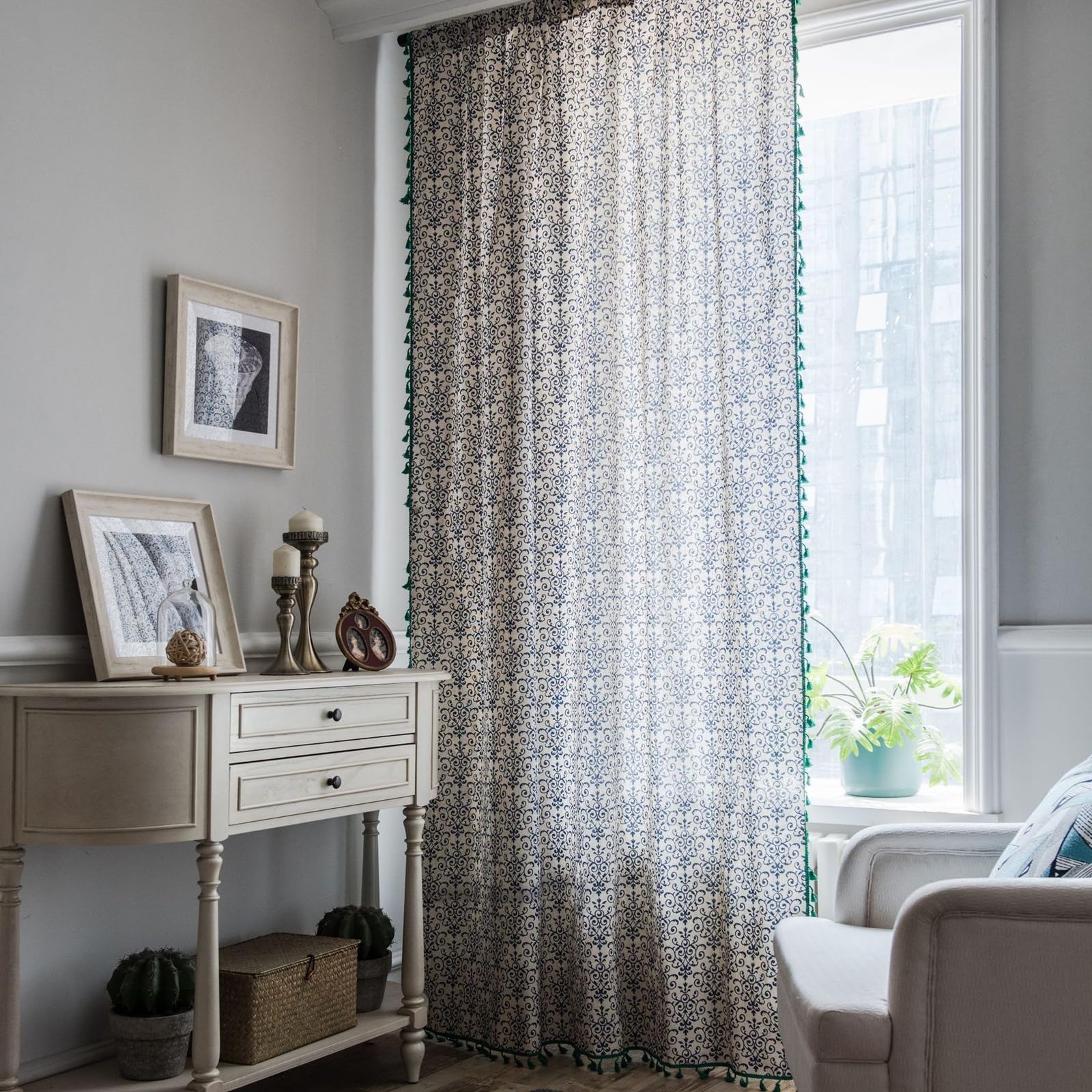 Rideaux coton lin bleu beige 300x180 cm avec crochets pour fenêtre