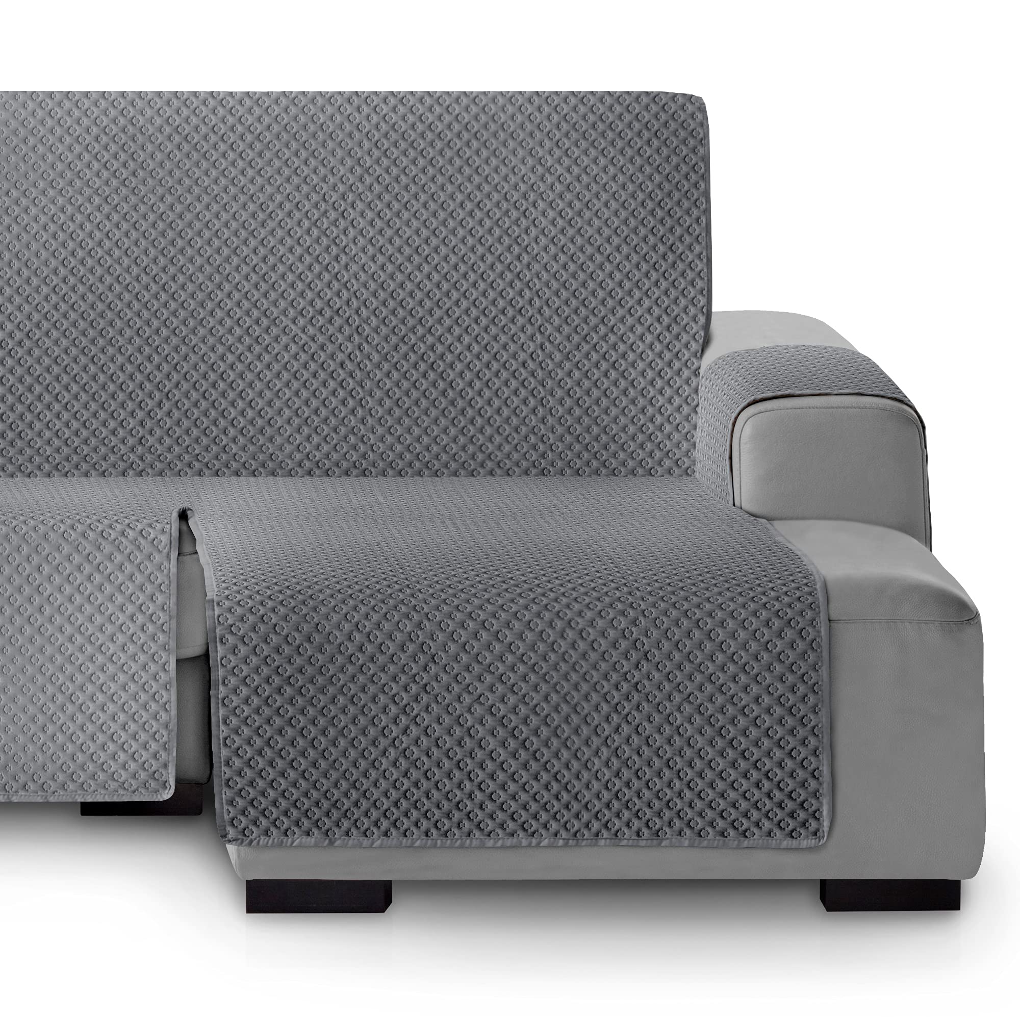 Vipalia Funda Cubre Sofa chaise Longue Circulos. Funda de Sofa Chaise Longue Acolchado Brazo Derecho. Protector Antimanchas Ajustable. Color Gris. Chaise Longue Derecha 240 cm (Visto de Frente)