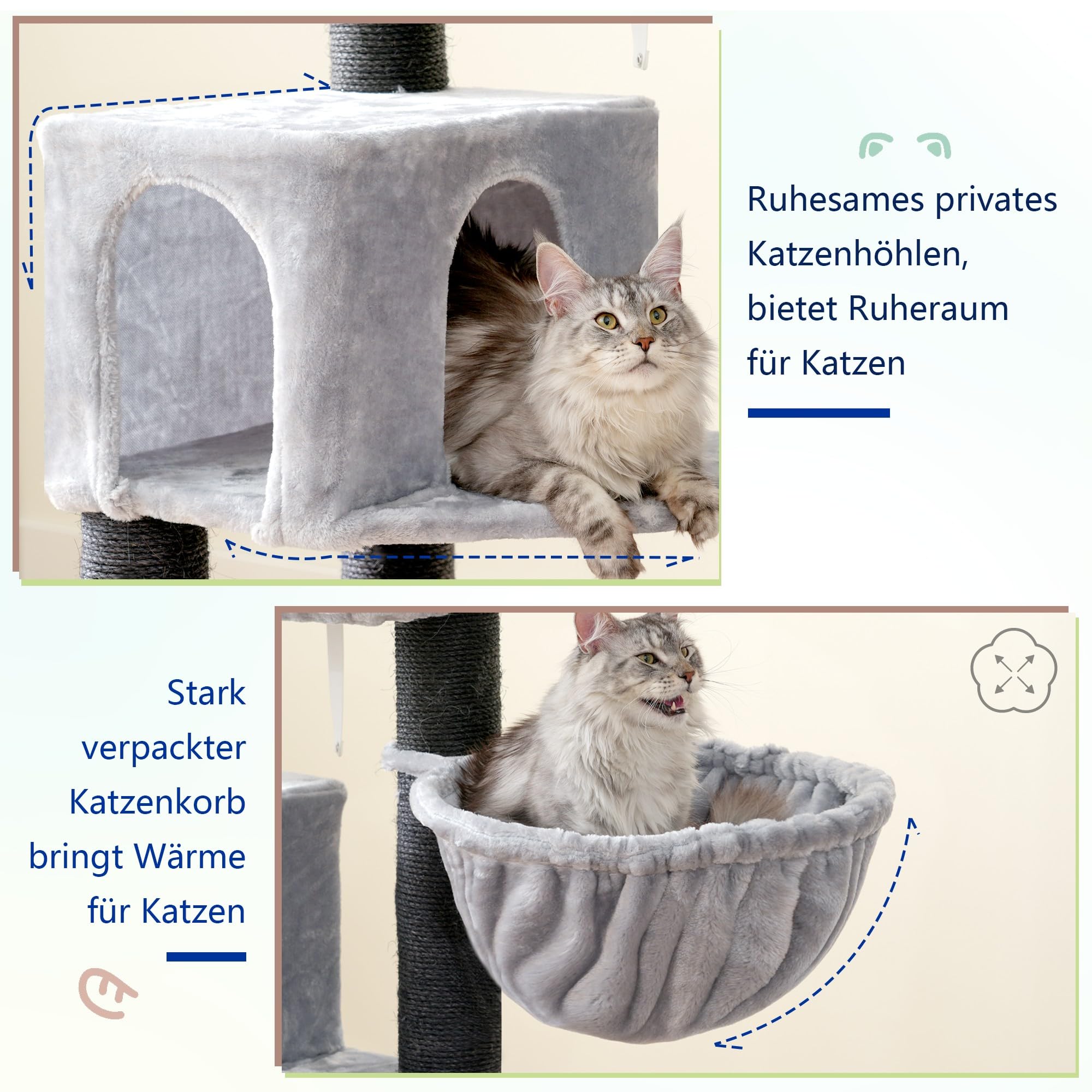 Hey-brother XXL Kratzbaum für Maine Coon, Sisal-Kratzpfosten(φ11cm), MPJ01W | 168cm Katzenbaum für groß Katzen, mit dicker Sisal-Kratzpfosten, Grosse Hängematte, 2 Plattformen, Höhle, Korb, Hellgrau