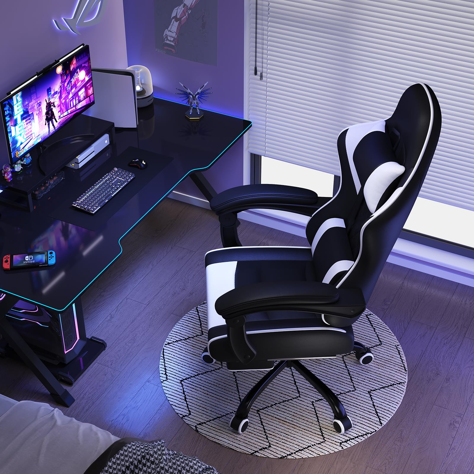 JUMMICO Chaise Gaming Ergonomique, Chaise de Bureau avec Fonction Massage, Fauteuil Gaming avec Repose-Pieds, 150 kg, Blanc