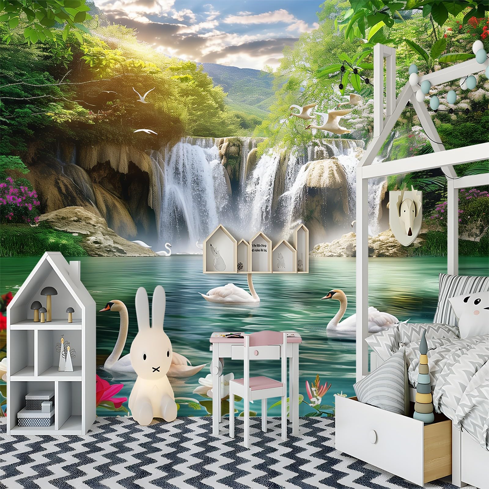 Fototapeta 350 x 256 cm, naturalna łabędzie, wodospady, efekt 3D, tapeta z włókniny, nowoczesna tapeta ścienna, do salonu, sypialni, pokoju dziecięcego, kolorowa, idealna do kuchni i różnych