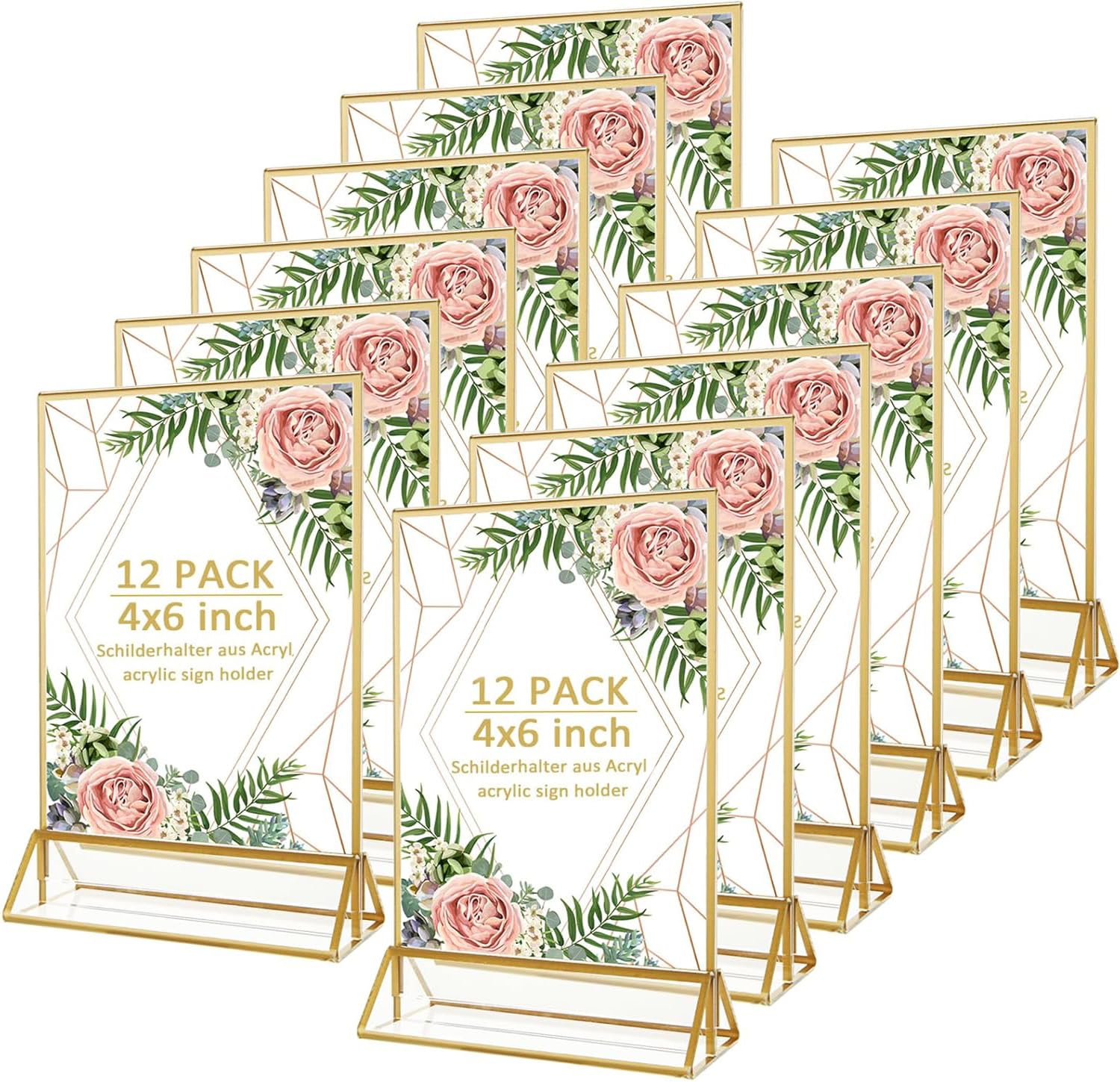 12 présentoirs de table acrylique dorés 10 x 15 cm | Double Face, Cadre Doré, Vertical, Porte-menu, Porte-numéros de Table, Support A6, Mariage, Restaurant, Fête