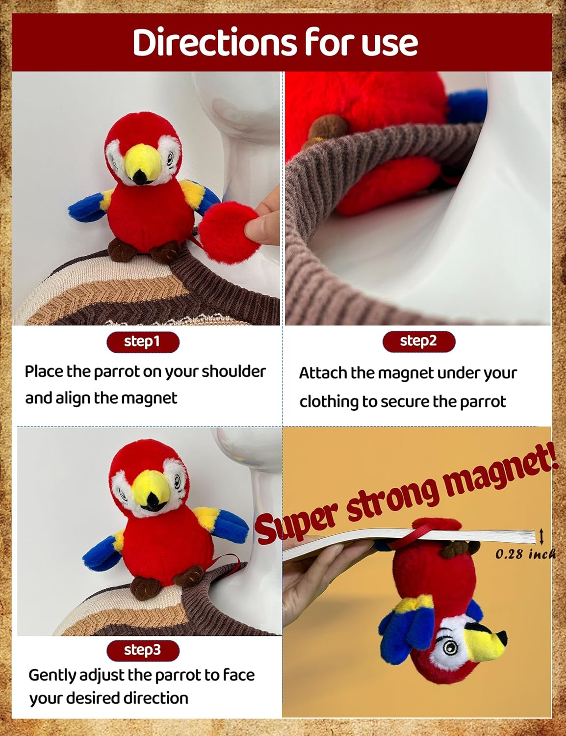 Pirate Shoulder Parrot Plush, Magnetic Parrot Stuffed Animal for Shoulder Prop Accessories, Halloween Pirate Costume Gifts Red - Image 4