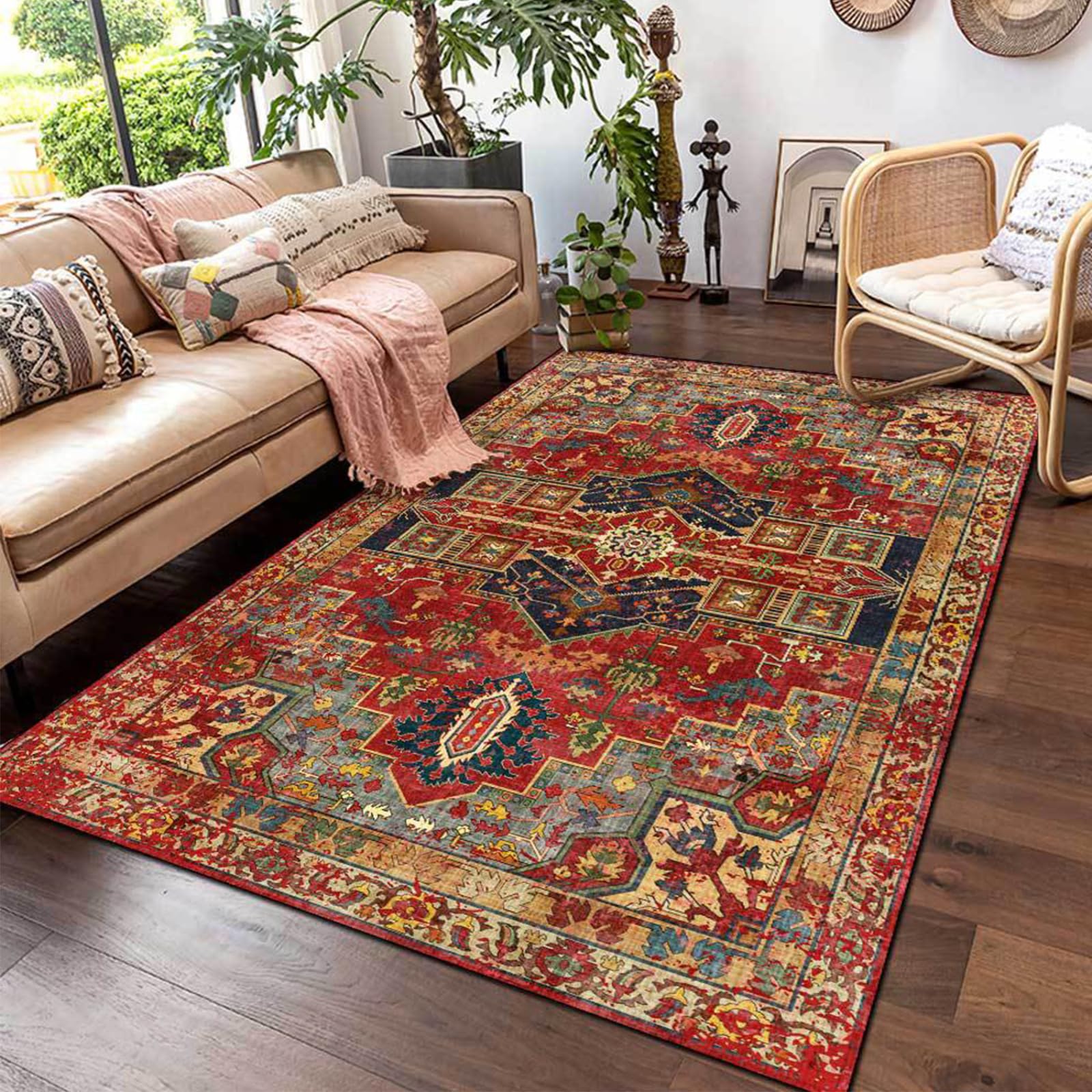 Tapis chambre contemporain rouge et vert floral vintage 150x200