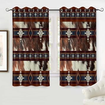 Cow Print Aztec Blackout Curtains Western Tribal Rustic Curtain 42x63in | Brown Cowhide, Farm Animal Fur Print, Ethnic Geometric, Farmhouse Window Drapes for Bedroom Kitchen Living Room, 2 Panels