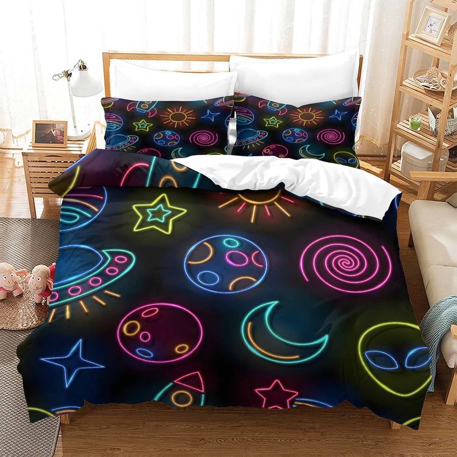 GDEKCIEAS Space Neon Sun,Moon 3Pcs Kids Bedding Set,Soft Microfiber Duvet Cover Microfiber with Zipper,Boys And Girls Quilt Cover - Breathable Super King（260x220cm）