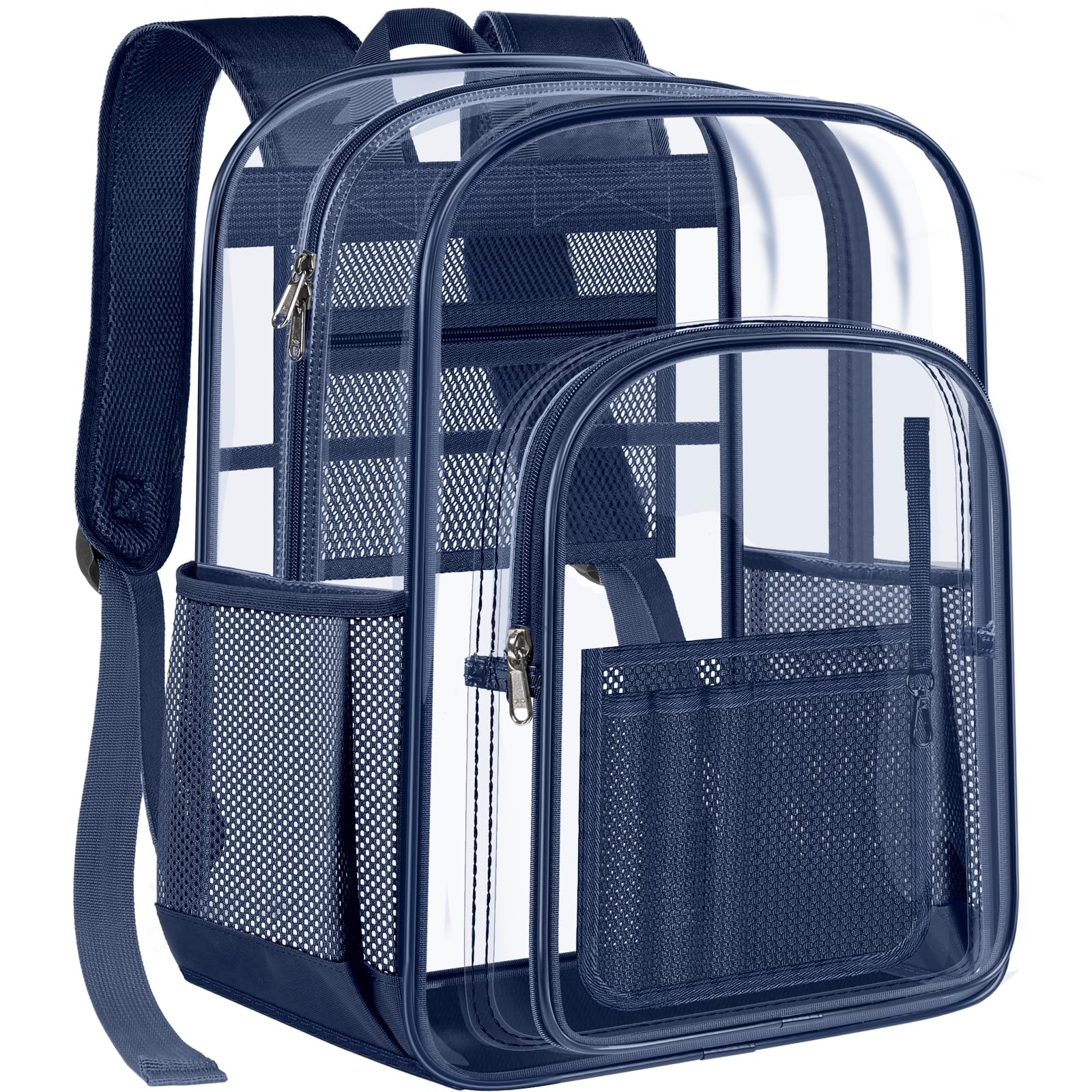 PAMANO Clear Backpack Transparent Heavy Duty Bookbag See Through Bag for College Work Travel Security, Navy XL