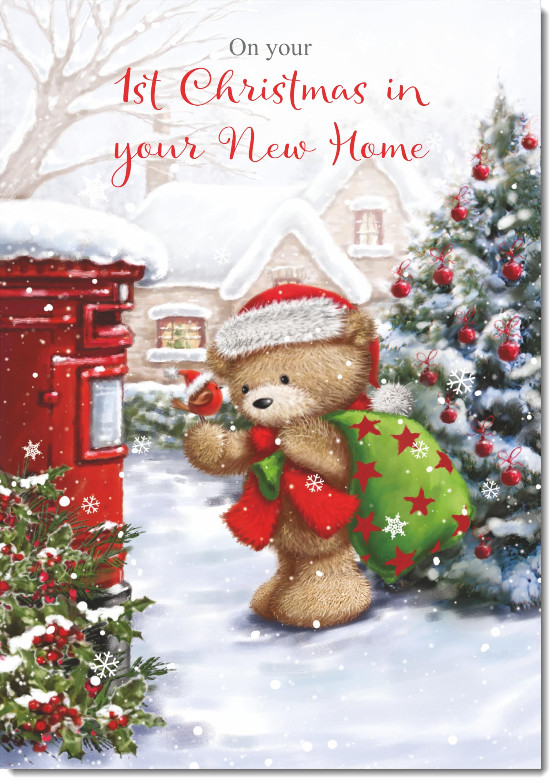 doodlecards 1st First Christmas in New Home Christmas Card Cute Bear Posting a Letter Large A4 Size Christmas Card for 1st in New Home with Plain Envelope — image 1