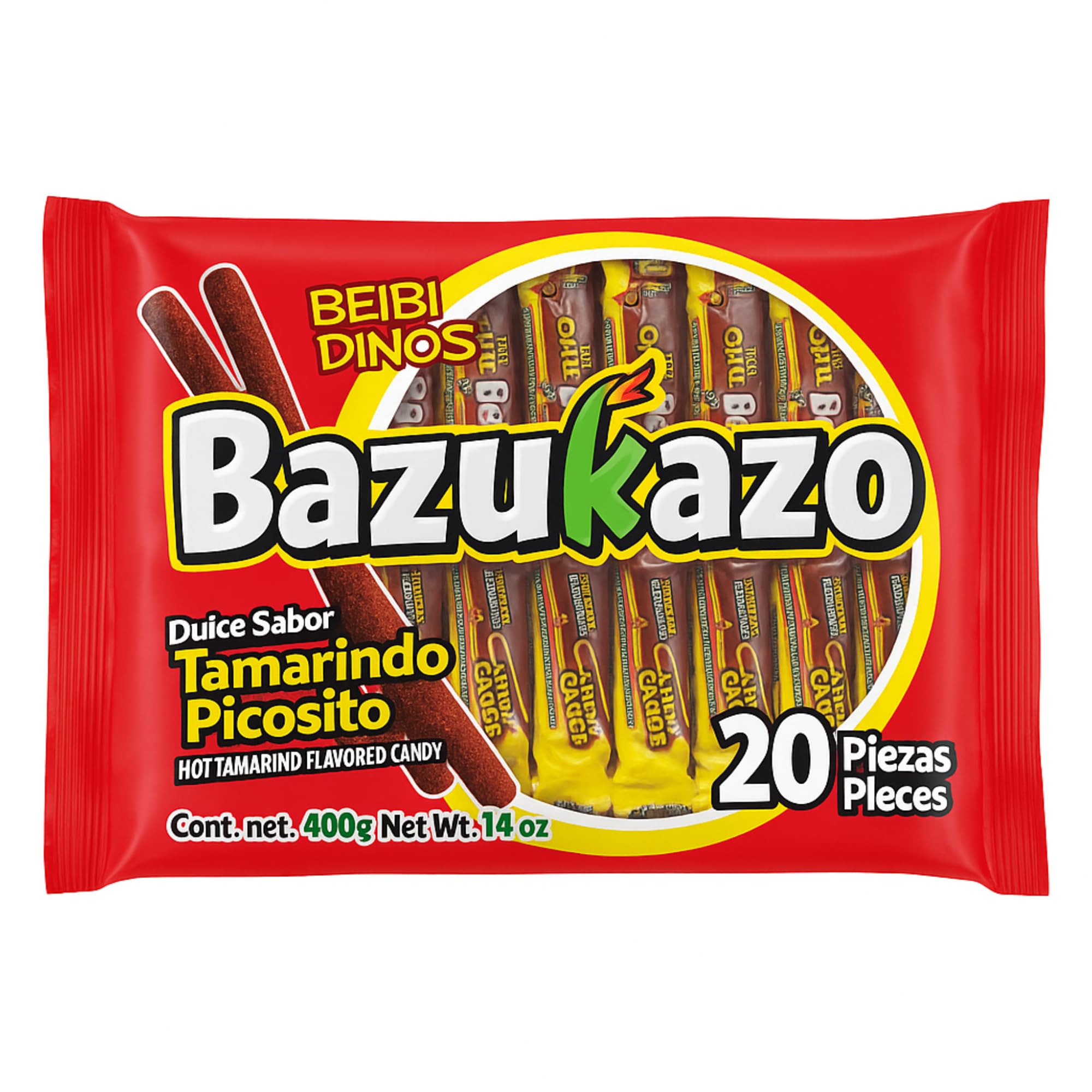 Bazukazo Tamarindo Con Chile - Candy Sticks, 20 Pieces, Tamarind Flavor With Chili, Spicy Candy, Banderillas De Tamarindo, Mexican Candy