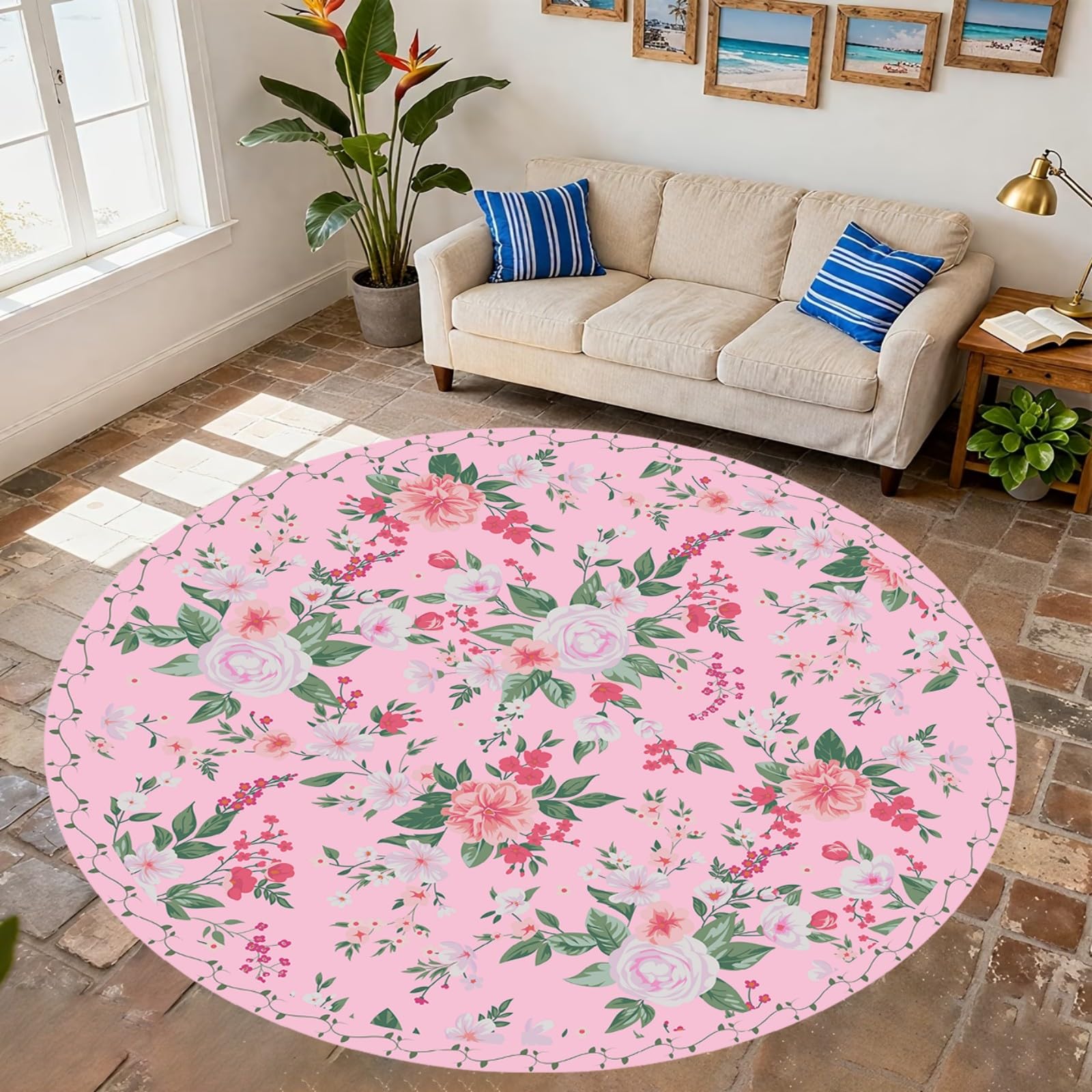 ZLXMN 150cm Floral Pink Round Rug,Boho Flower Roses Print Bathroom Machine Washable Large Round Non-Slip Rug for Bedroom Living Room Non Shedding Small Circle Rugs — image 1