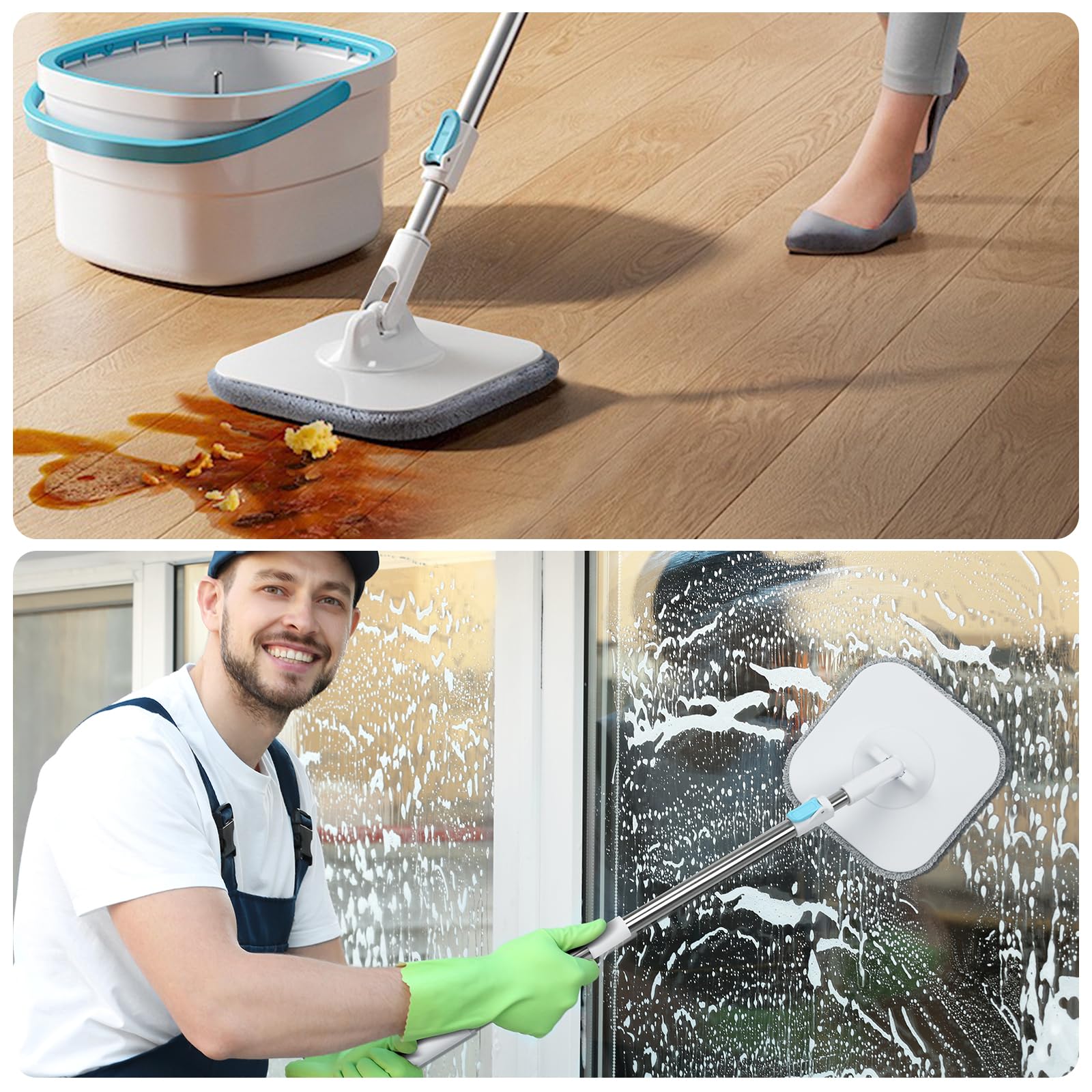 Withosent 130cm Mopa Fregona con Cubo Escurridor, 2 en 1 Separa la Suciedad del Agua Dulce, Mopa para Limpiar Azulejos y Paredes, Cubo Fregona Autoescurrible Escurrefacil, 2 Recambio Mopa Microfibra