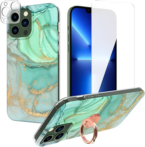 ANNSD Funda para iPhone 13 Pro Max con protector de pantalla y protector de lente de cámara + soporte de anillo, plástico + diseño de TPU resistente ANNSD Funda para iPhone 13 Pro Max con protector de pantalla y protector de lente de cámara + soporte de anillo, plástico + diseño de TPU resistente