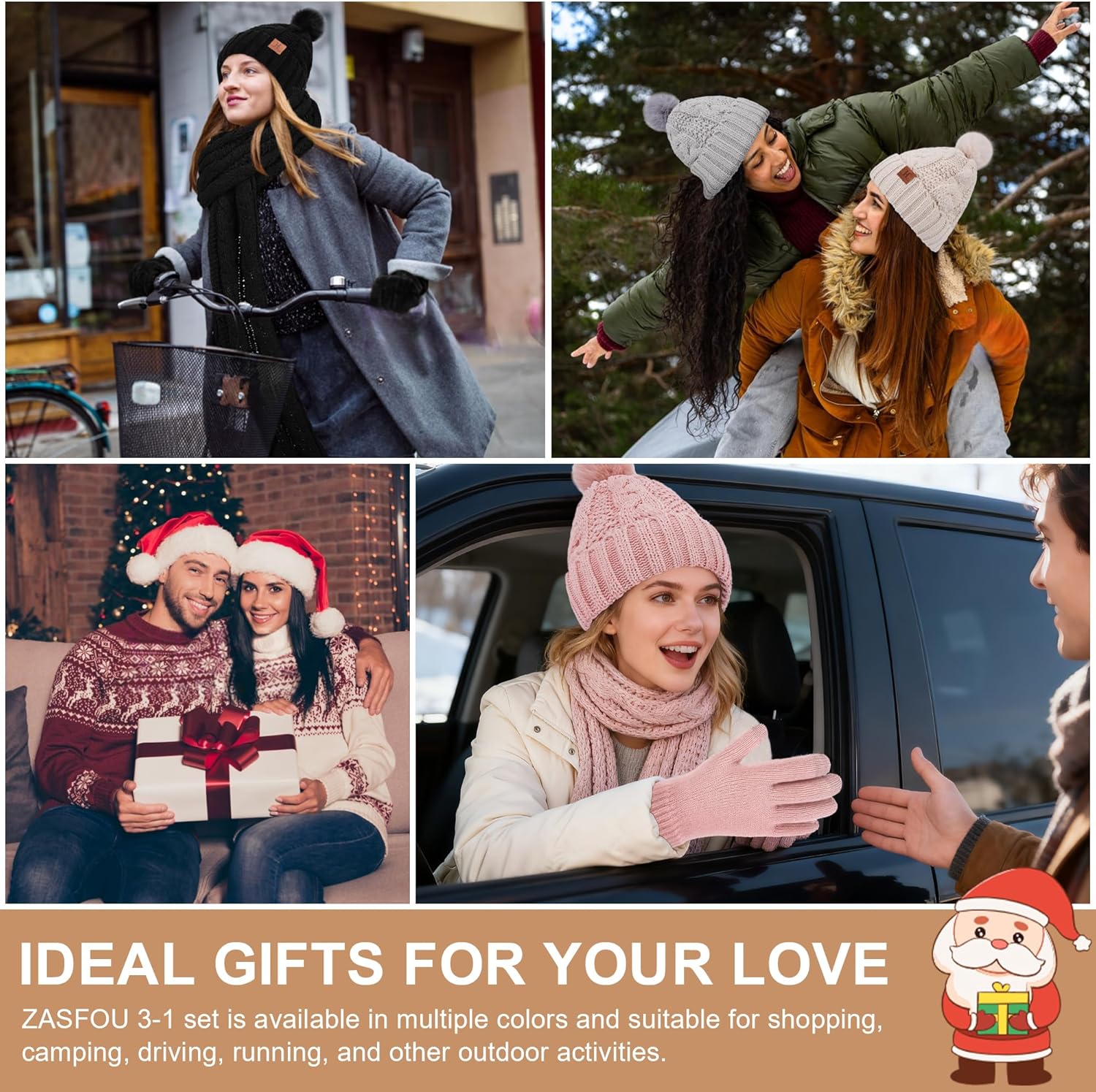 Womens Winter Beanie Hats Scarf Touchscreen Gloves Set Chenille Knit Fleece Lined Beanies Pompom Hat Scarves - Image 6