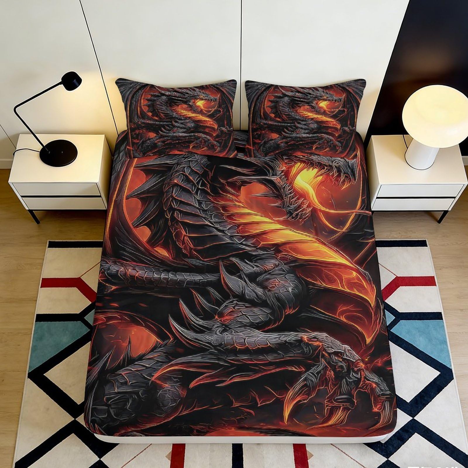 3D Printed Fiery Dragon Fitted Sheet Microfiber Soft Breathable Lava Flame Bed Cover for Bedroom Dormitory Guest Room Mattress Protection Decor 140x200x25cm