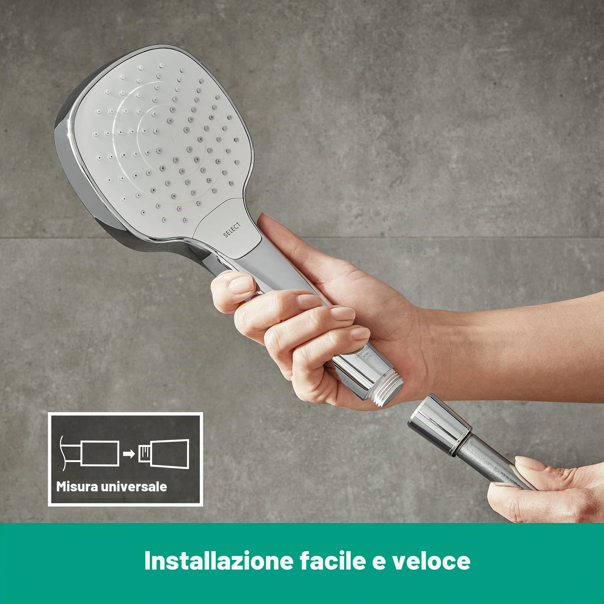 hansgrohe Croma Select E - Doccetta per doccia, Doccino con 3 getti, Soffione doccia quadrato (110 x 110 mm) con funzione anticalcare, bianco/cromo, 26812400