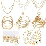 38-59 Pcs&lpar;9-8 Pack&rpar; Gold Plated Jewelry Set for Women With 8 Necklace 12 Bracelet 27 Ring 12 Pair Earring Hoop Simple Sparkle for Happy