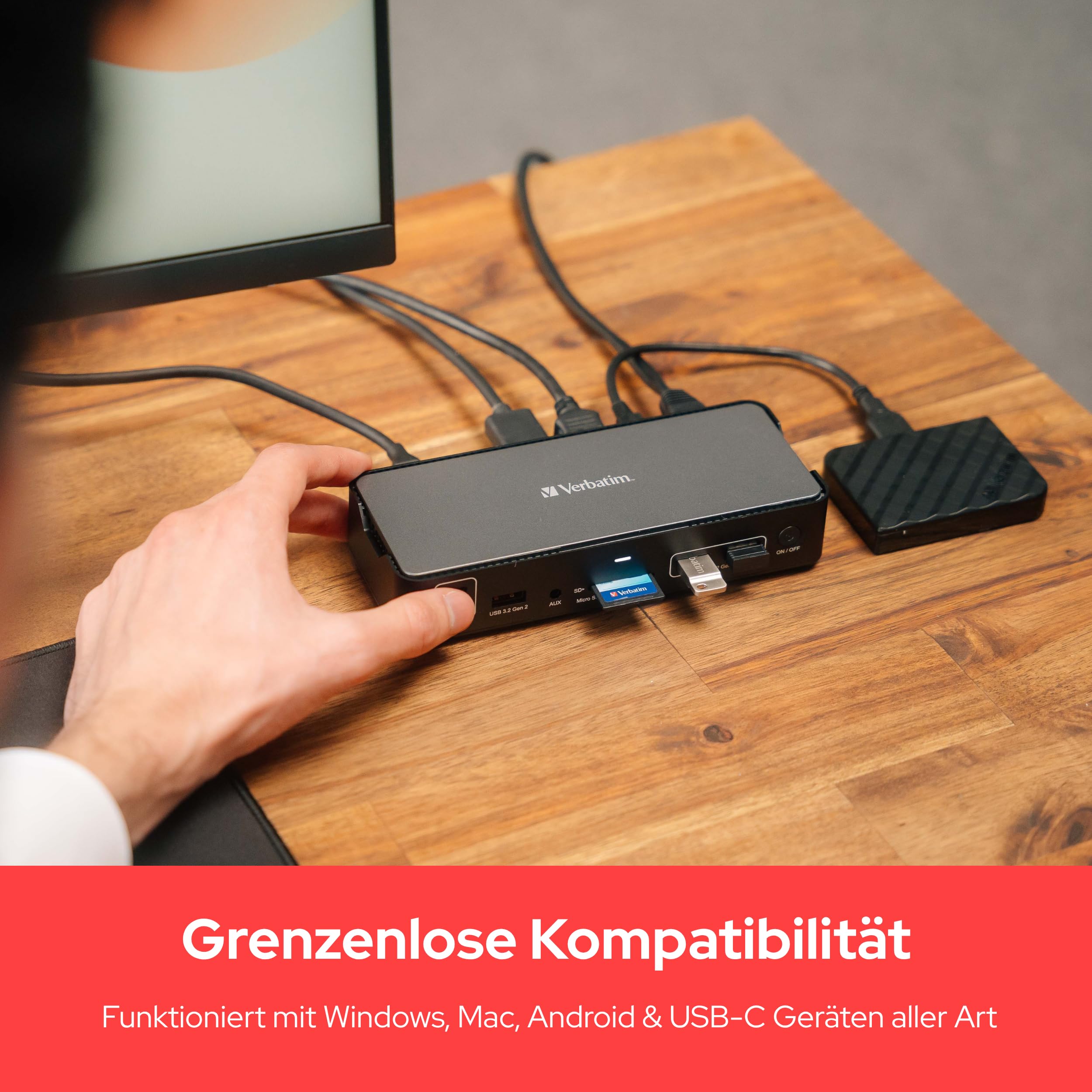 Verbatim USB-C Pro Docking Station, 15-in-1 Hub, Multiport Adapter zu HDMI 4K und 8K, USB-A und USB-C, PD 80 W, AUX, Card Reader, für Mac/Windows Laptop und Co