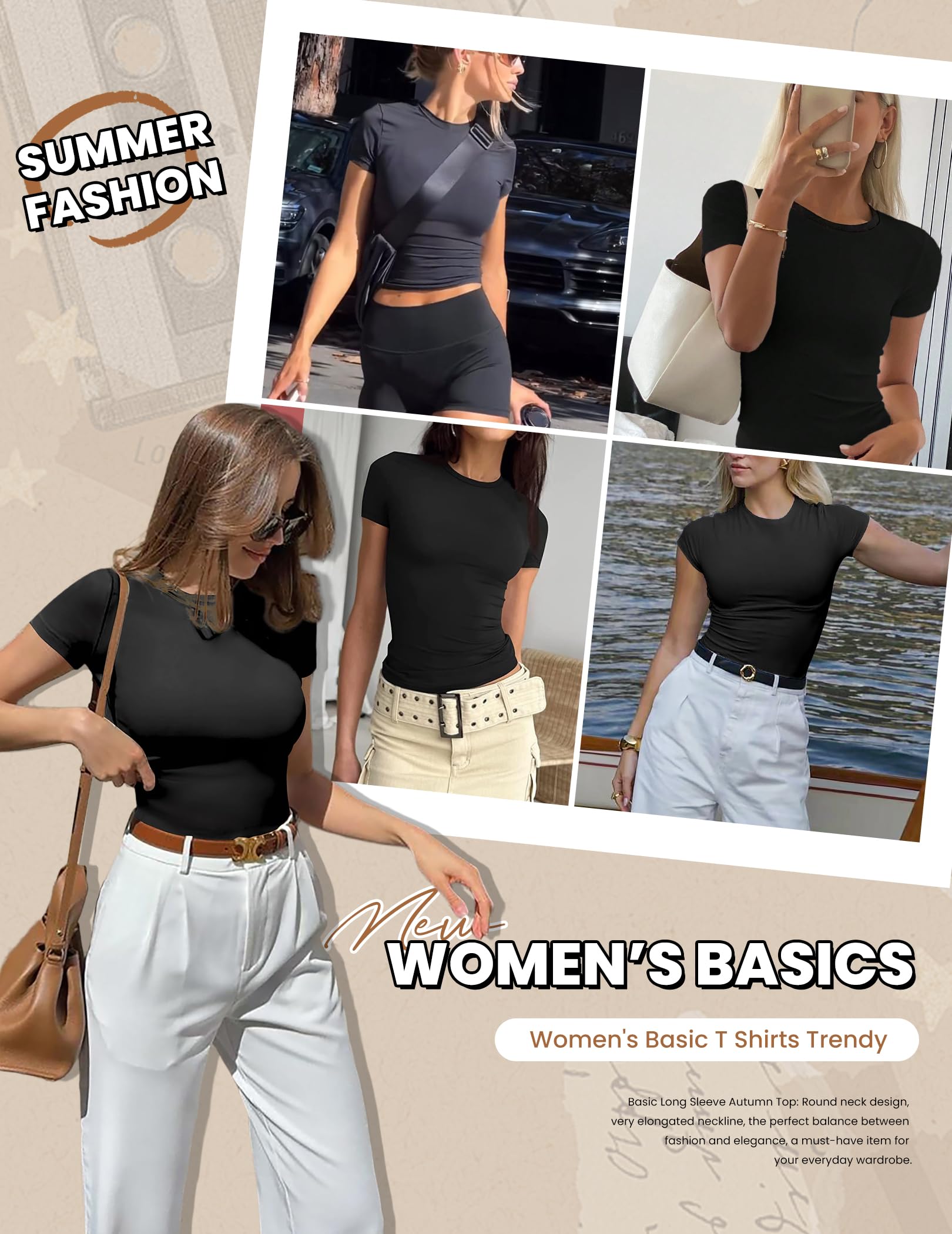 Ekouaer Damen 3 Pack T-Shirts Rundhals Unterhemd Kurzarm Stretch Oberteil Slim Fit Basic Crop Tops Sommer Outfit S-XXL