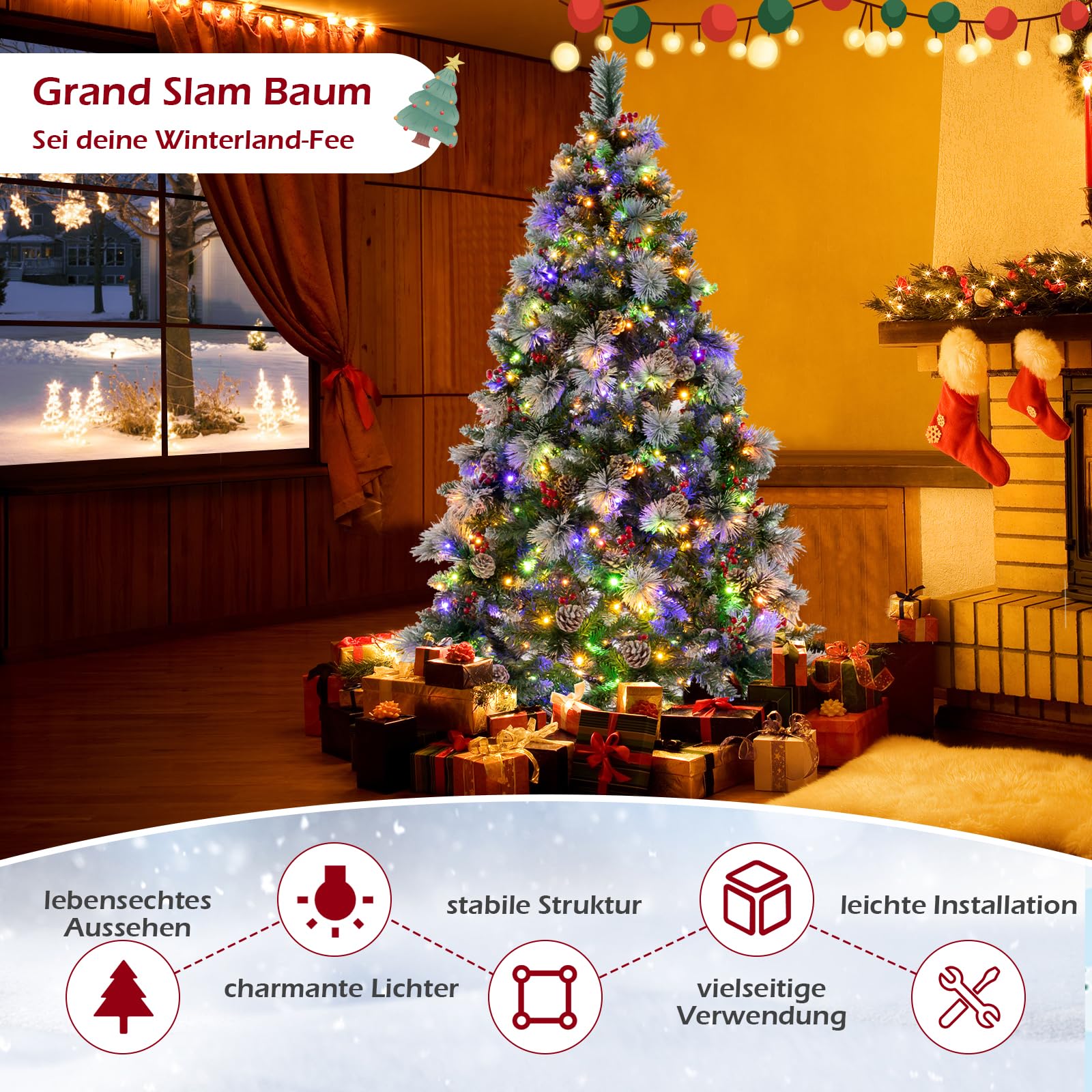 COSTWAY 180/210cm Künstlicher Weihnachtsbaum LED, beleuchteter Tannenbaum mit Kiefernzapfen & roten Beeren & Metallständer, 11 Lichtmodi, Christbaum PVC Kunstbaum Weihnachten, grün+weiß (180cm)