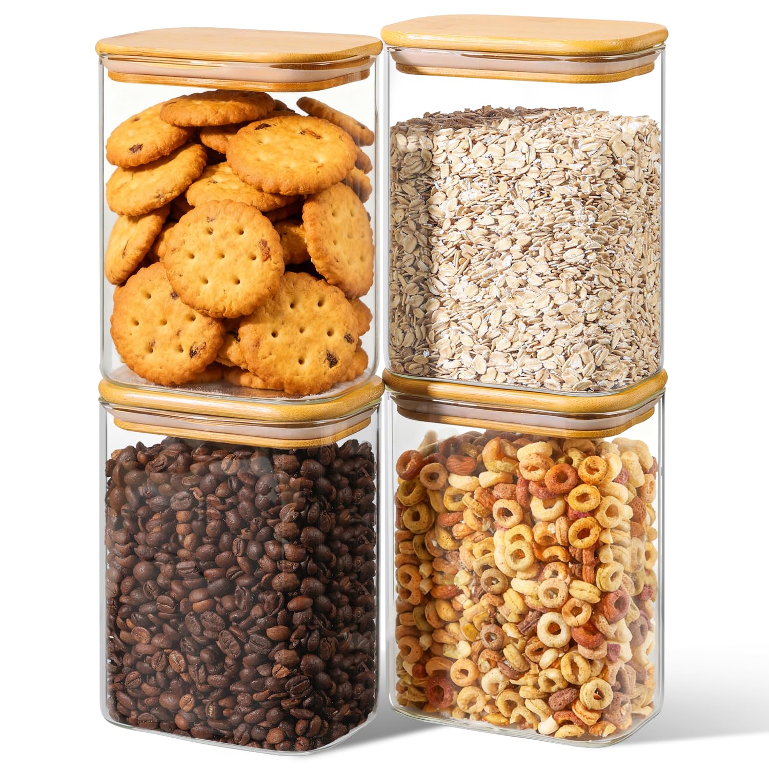 ComSaf Barattoli Vetro con Coperchio, Contenitori Vetro per Alimenti, 1100 ml, Set da 4 Pezzi, Adatto a Riso Integrale, Sesamo Nero, Cumino In Polvere