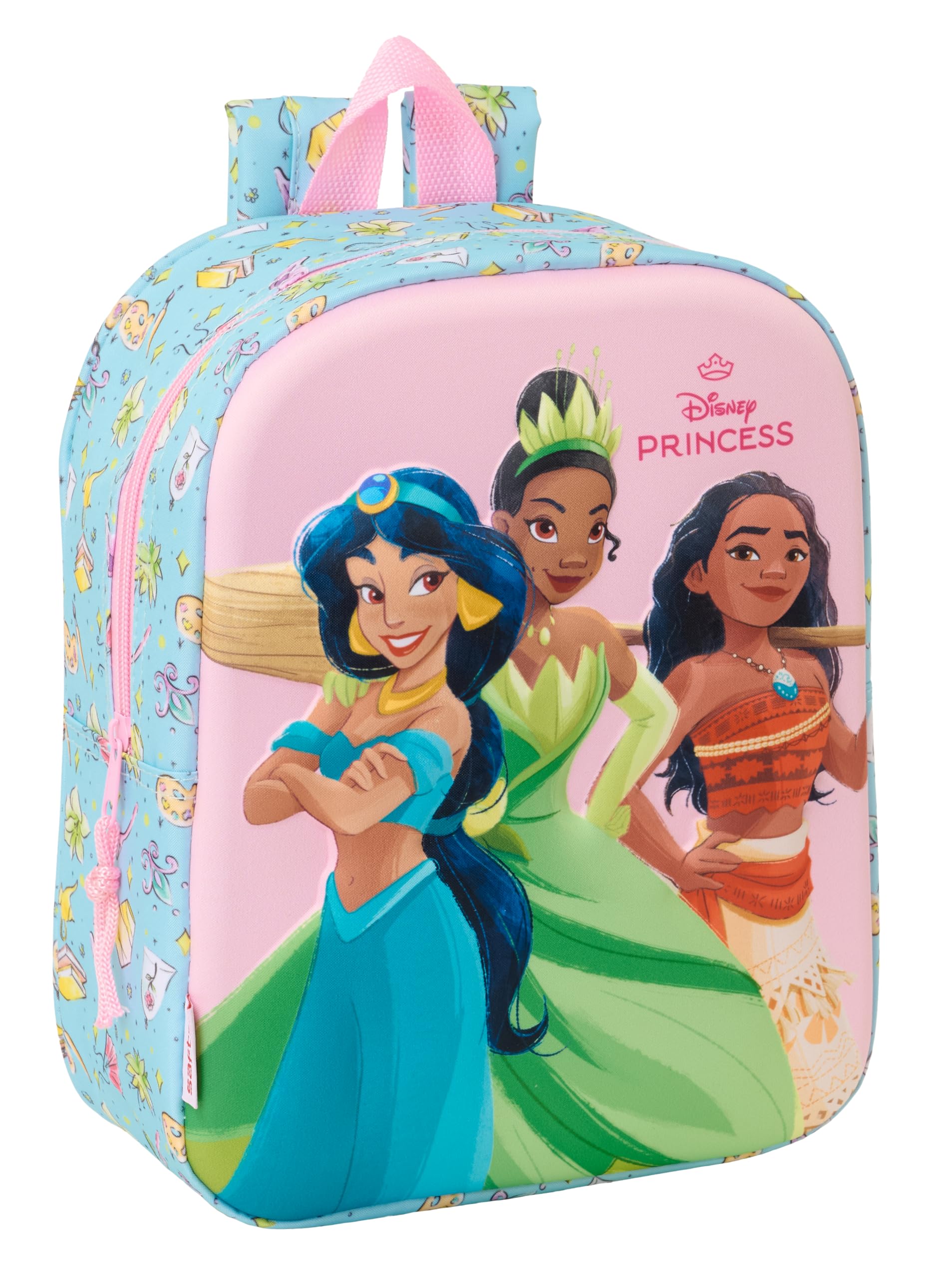 PRINCESAS DISNEY 3D - Nursery Backpack 3D, Adaptable to Cart, Easy Cleaning, Ideal for Children of Different Ages, Comfortable and Versatile, Quality and Resistance, 22 x 10 x 27 cm, Light Pink/Sky