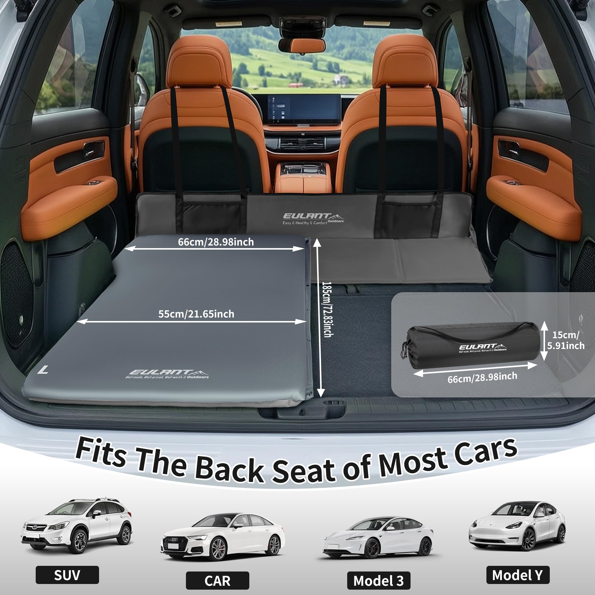 EULANT Autoinflable Colchón de Aire para Coche con Bomba, Portátil Camping Cama Hinchable Coche con Espuma de Alta Resistencia, Colchon Coche Maletero para Tesla 3/Model Y/SUV/MPV, R8,185×66×5cm