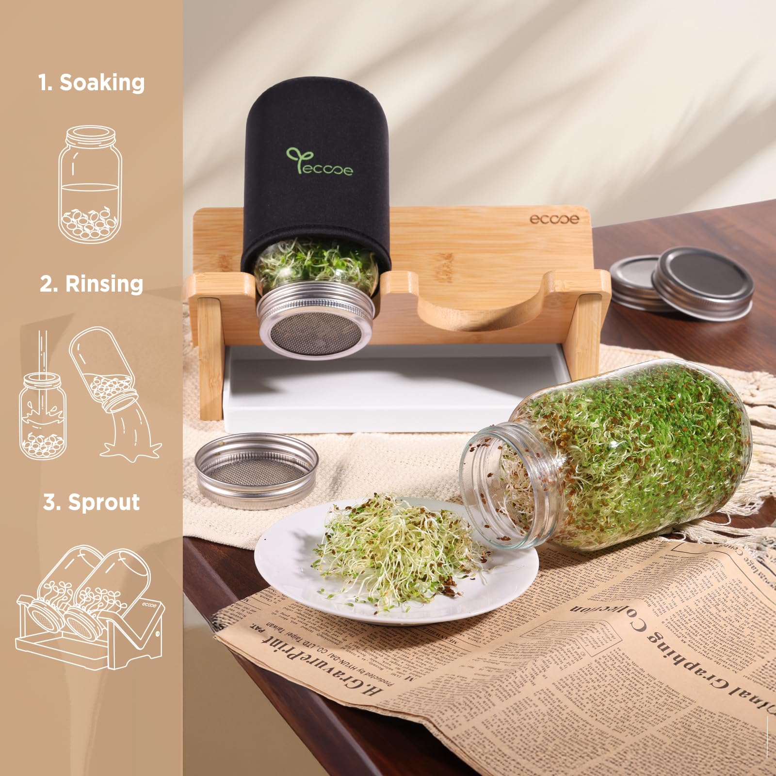 ecooe Sprossen Keimglas 2er Set - Sprossenglas mit Bambushalterung, Abdunklungshüllen, Filterkappe aus Edelstahl und 1 Wasserschale - 750 ml Keimgläser Set für Sprossen Brokkolisprossen Keimlinge