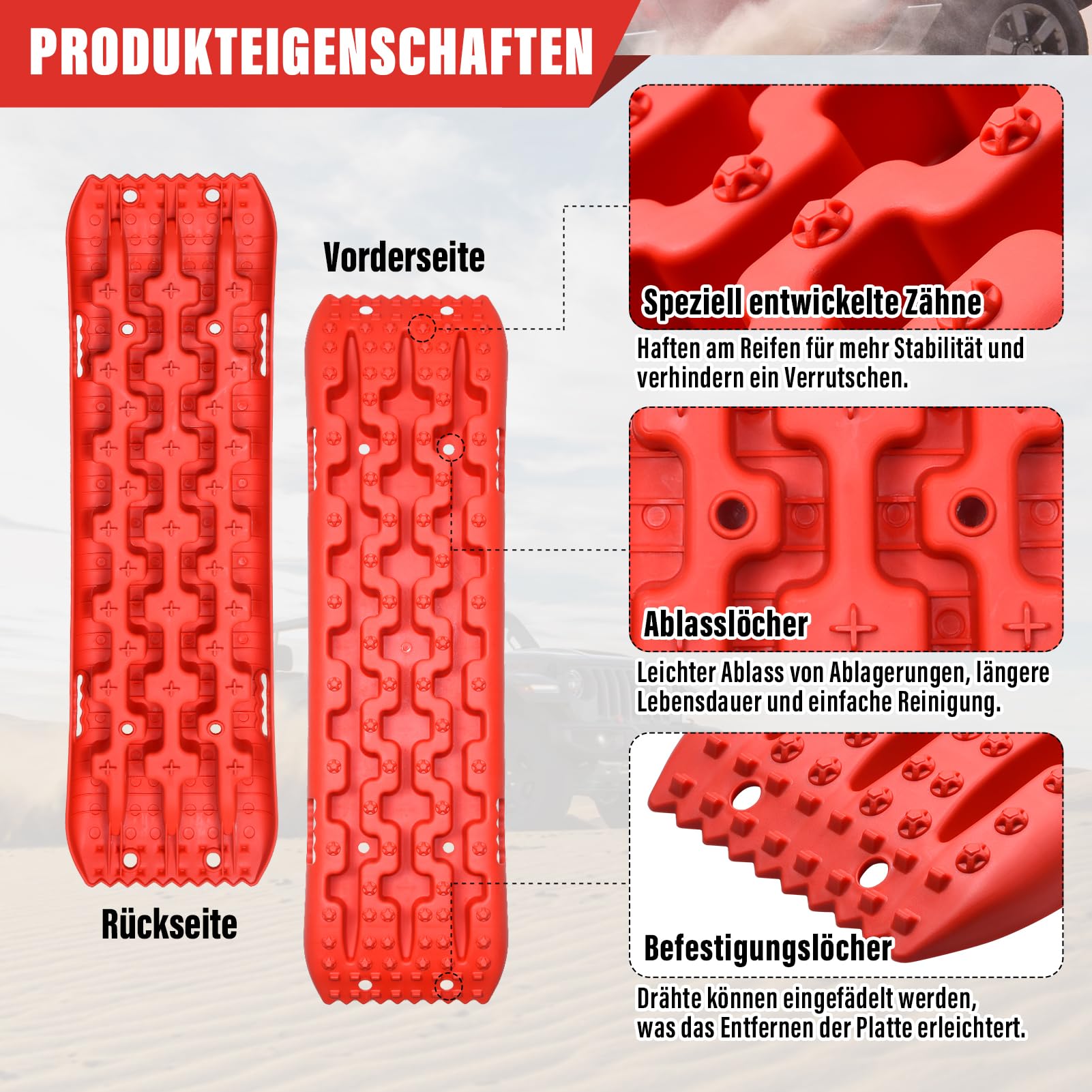 Tablero De Tracción Para Nieve Y Barro, 2 Piezas - Alta Resistencia 10 Toneladas, Diseño Antideslizante Con Clavos En Cruz Y Pentágono, Para Vehículos Todo Terreno | Negro, Rojo, Naranja