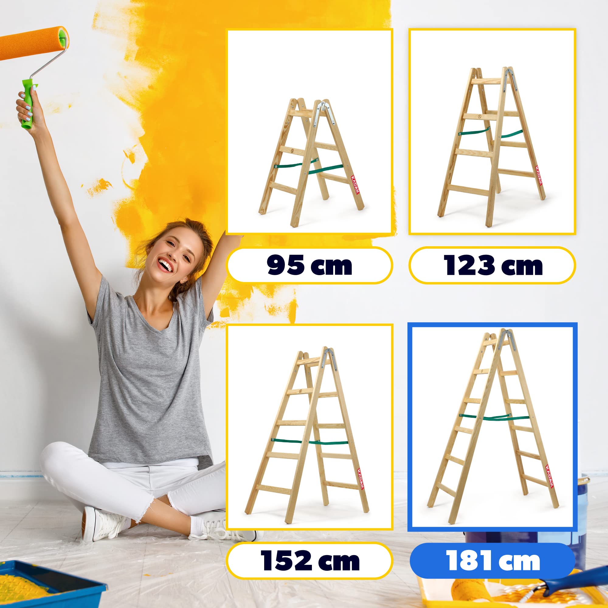 KADAX Échelle double en bois jusqu'à 150 kg, pliable, double marche avec crochet en acier pour peintre, électricien, escabeau ménager (6 échelons)