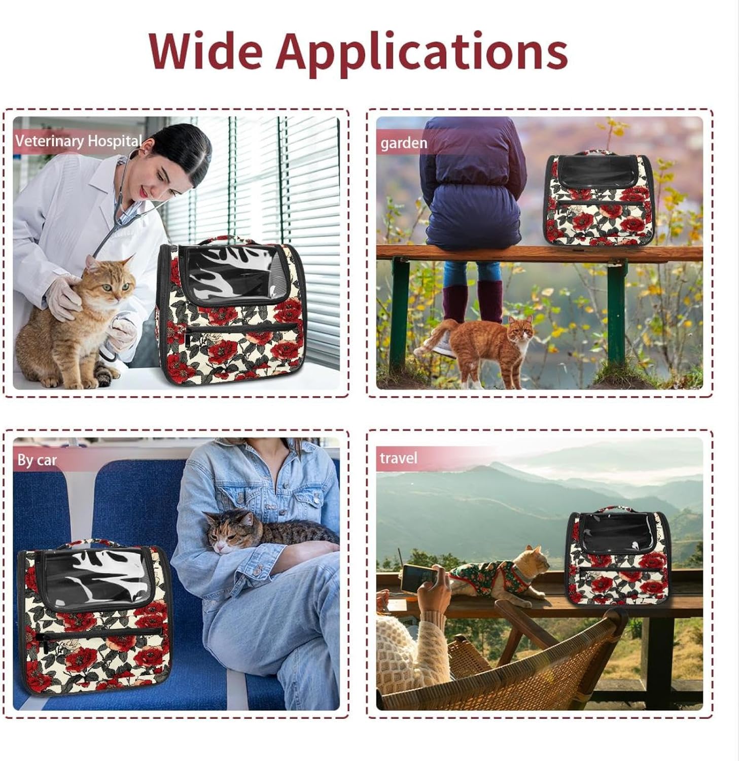 Portable Travel pet Backpack Carrier Hamster Bag Small Dog cat Carrier Breathable Hang Bag, Floral Flower Red Roses