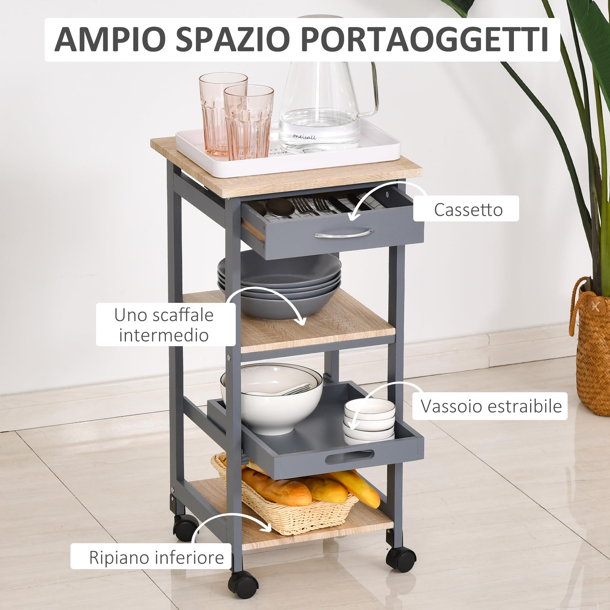 HOMCOM Carrello da Cucina Portavivande con Cassetto, 2 Ripiani e Vassoio Estraibile, Isola da Cucina in Legno 37x37x76cm, Grigio