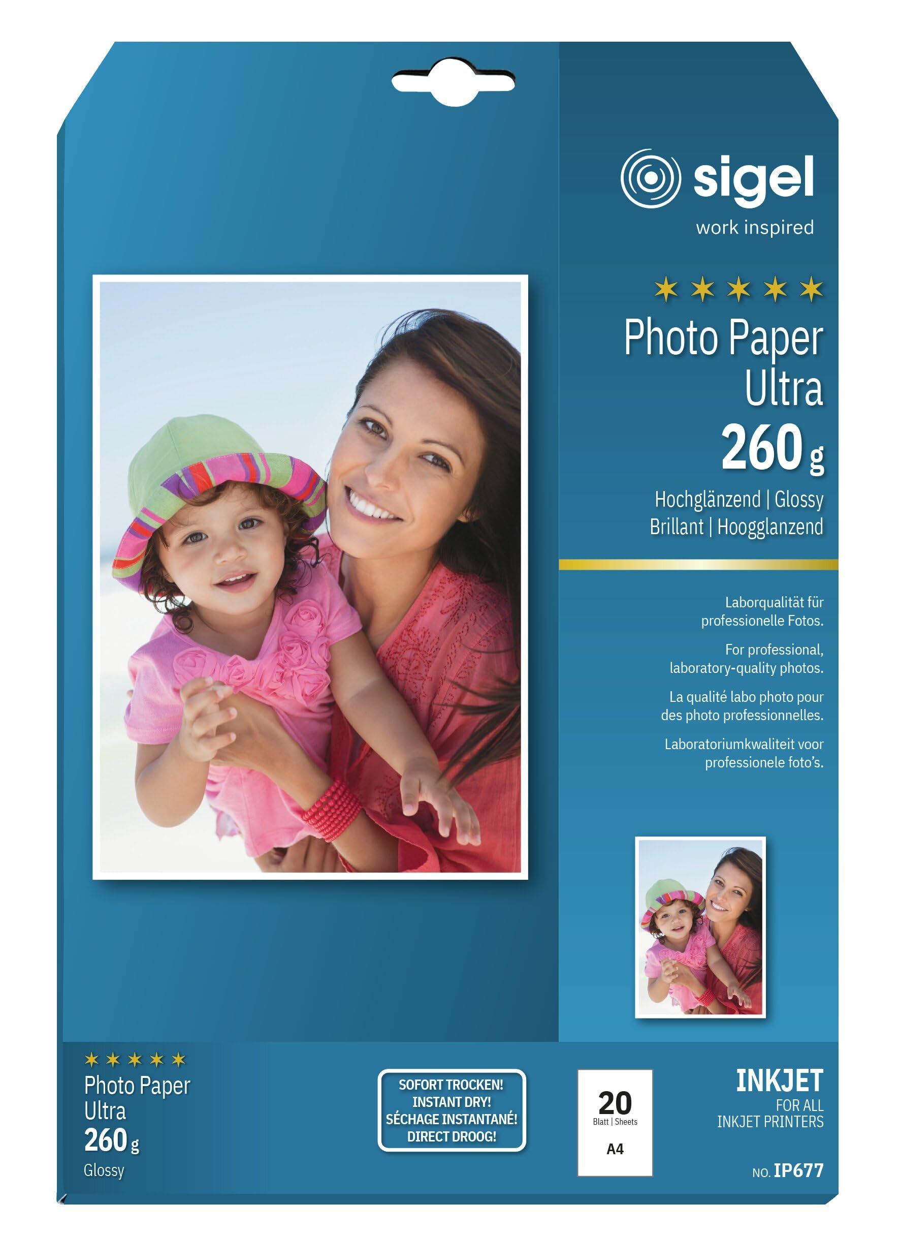 SIGEL IP677 Profesjonalny papier fotograficzny, atramentowy, ultra błyszczący, format A4 (21 x 29,7 cm), 260g/m², 20 arkuszy