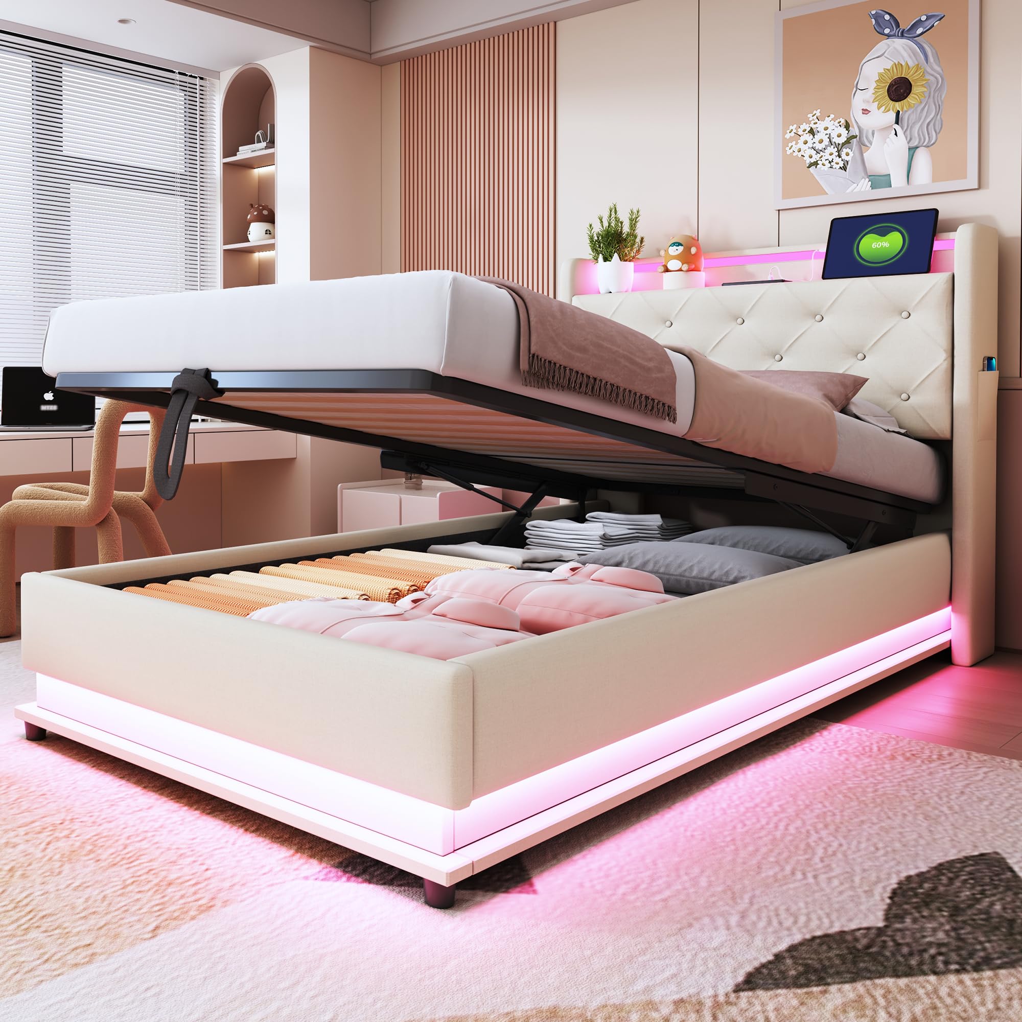 Ymkua Letto Imbottito Letto Singolo 90x200 cm, Bed contenitore con LED e USB Porta, Idraulici Bed frame per Bambini con Struttura Rete a Doghe e Testata Ribaltabile, Linen, Senza Materasso (Beige)