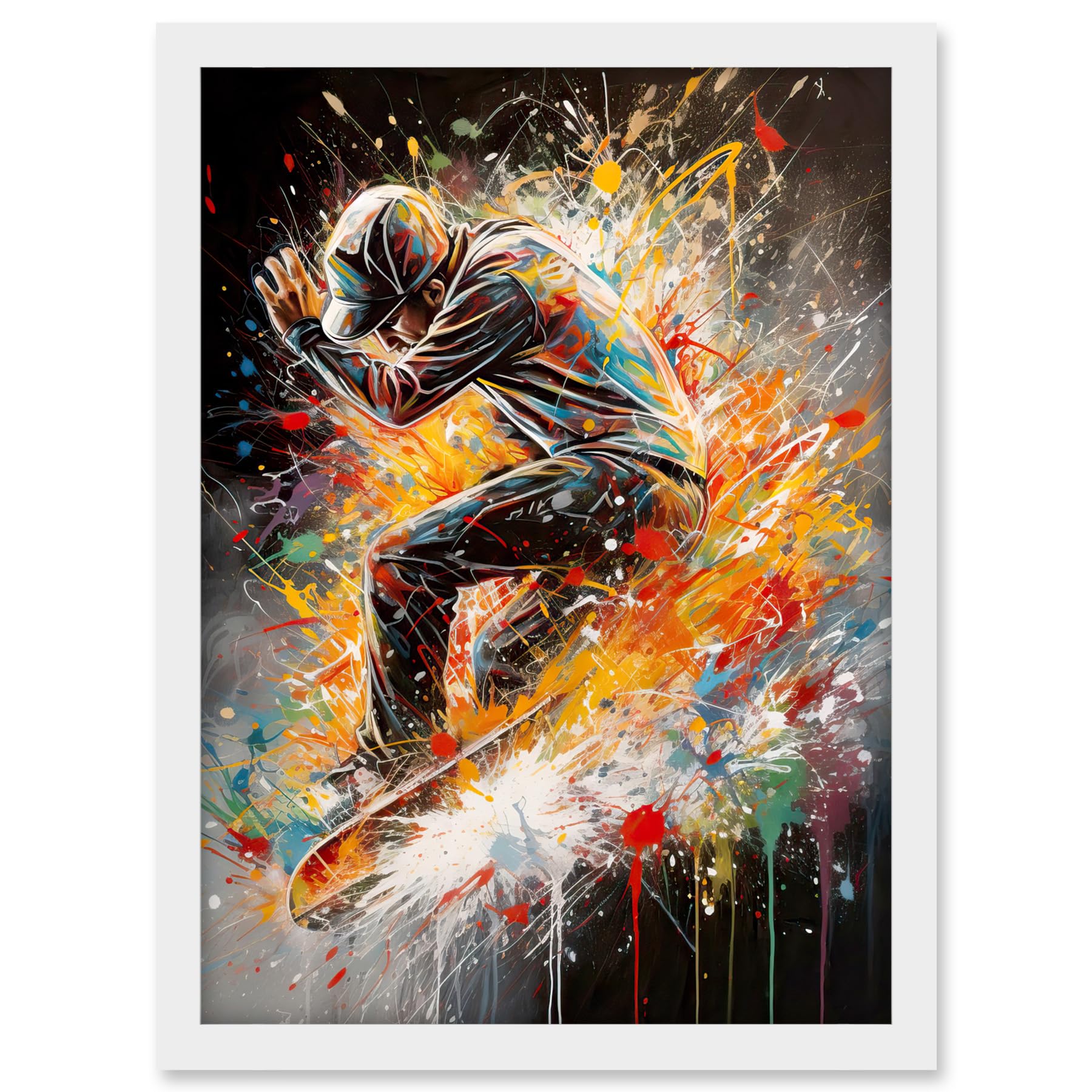 Artery8 Skateboarder Vibrant Splat Paint Action Shot Artwork Framed A3 Wall Art Print